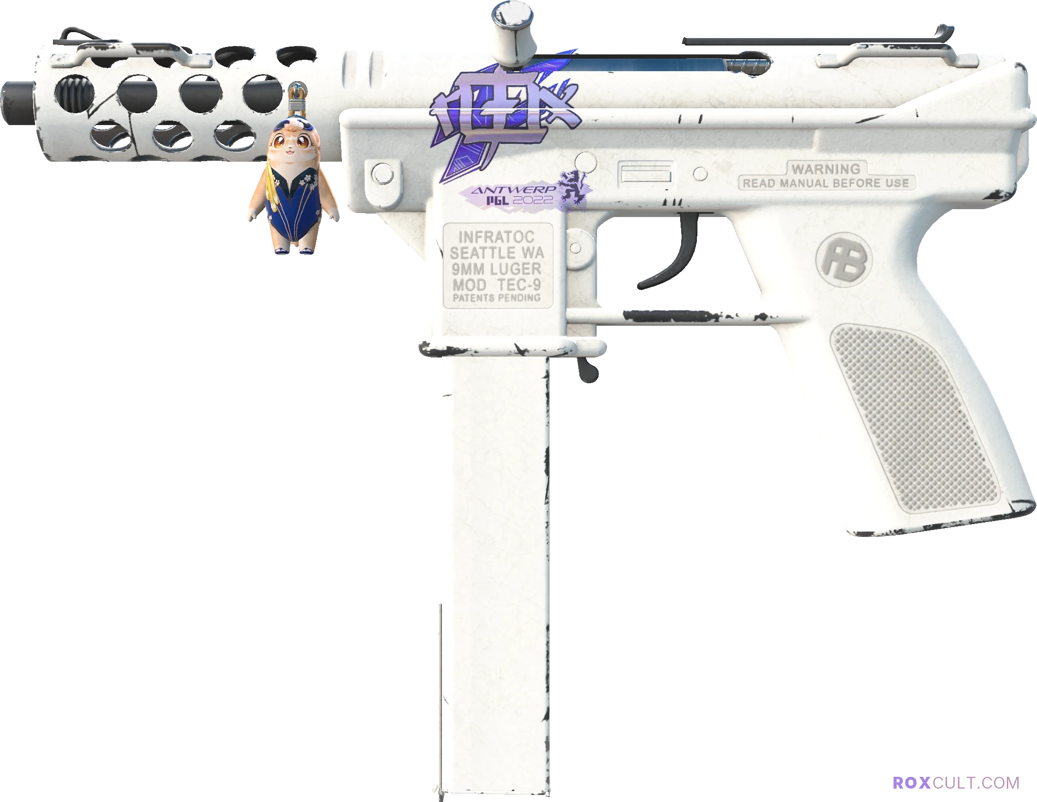 Tec-9 | Whiteout (Minimal Wear) — rox (Holo) Antwerp 2022 craft, playside view with 1 rox (Holo) sticker