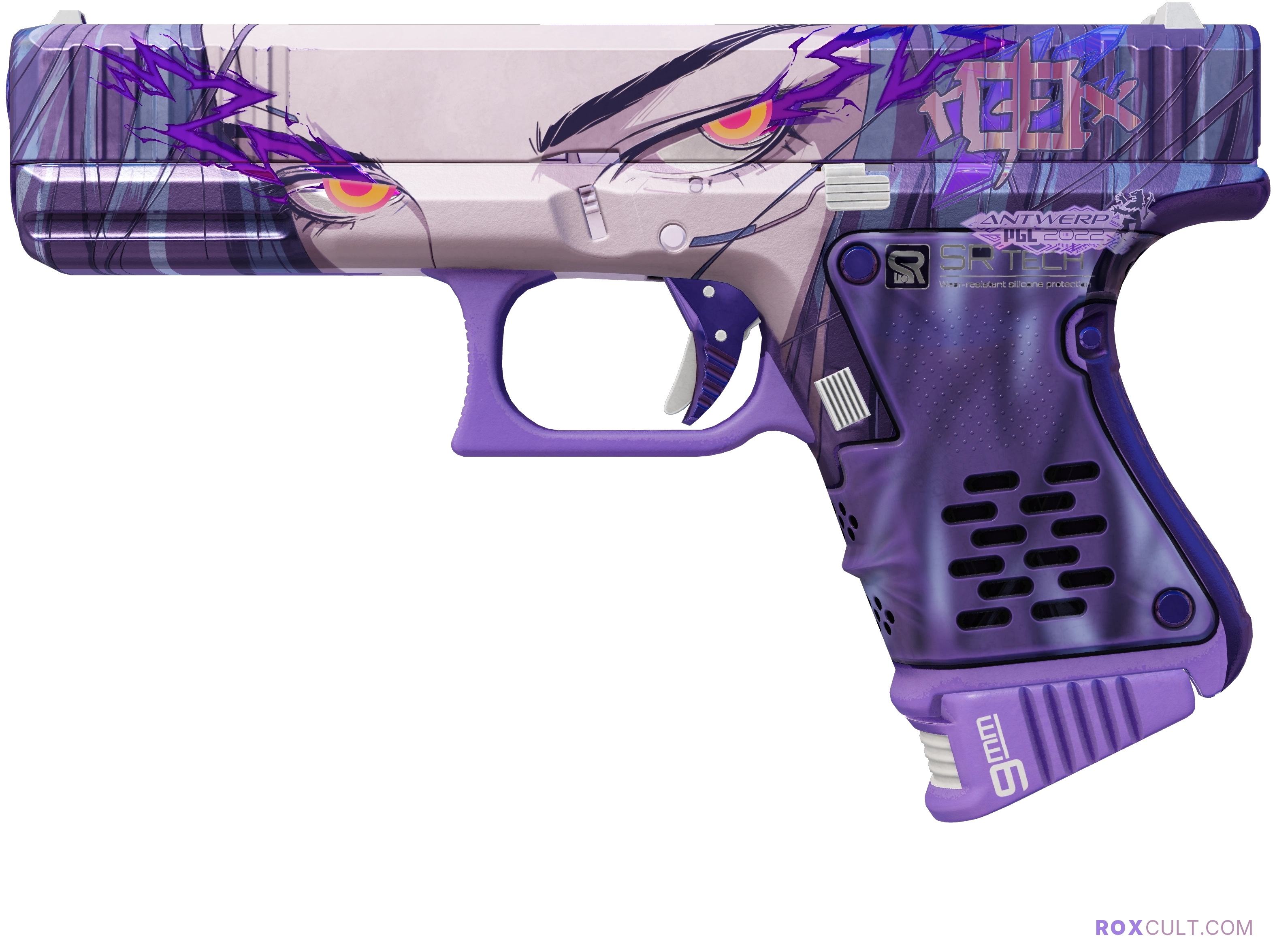 Glock-18 | Shinobu (Factory New) — rox (Holo) Antwerp 2022 craft, playside view with 1 rox (Holo) sticker