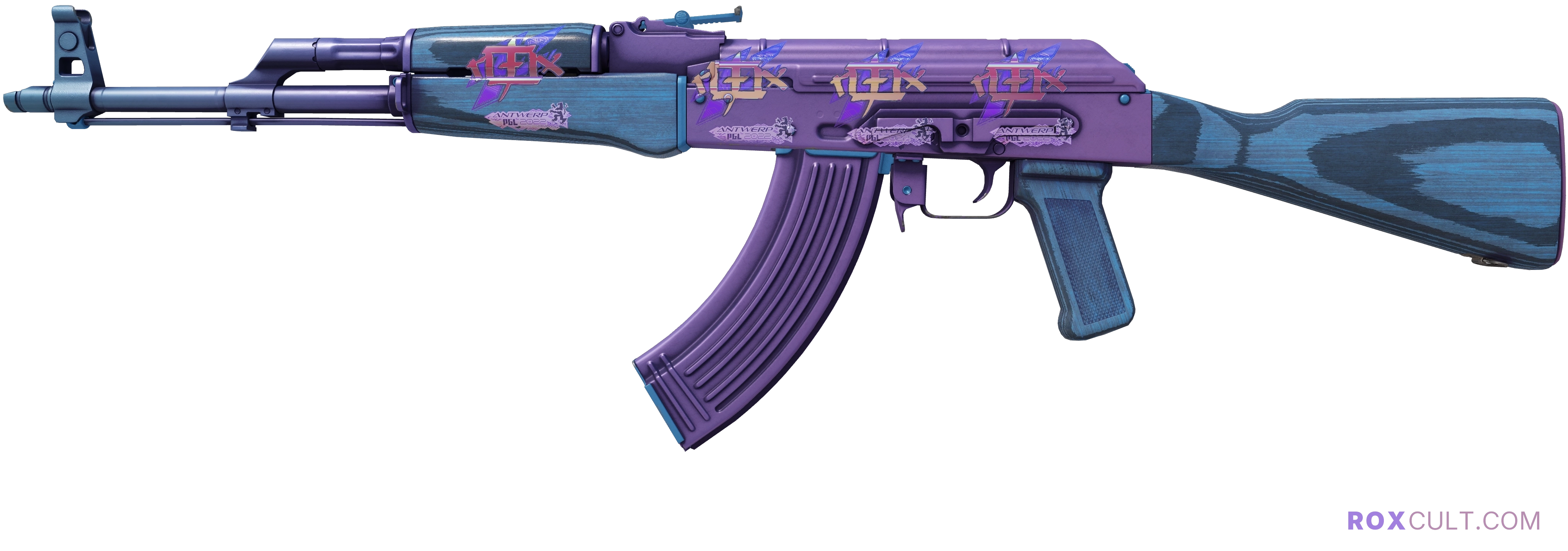 AK-47 | Midnight Laminate (Factory New) — rox (Holo) Antwerp 2022 craft, playside view with 4 rox (Holo) stickers