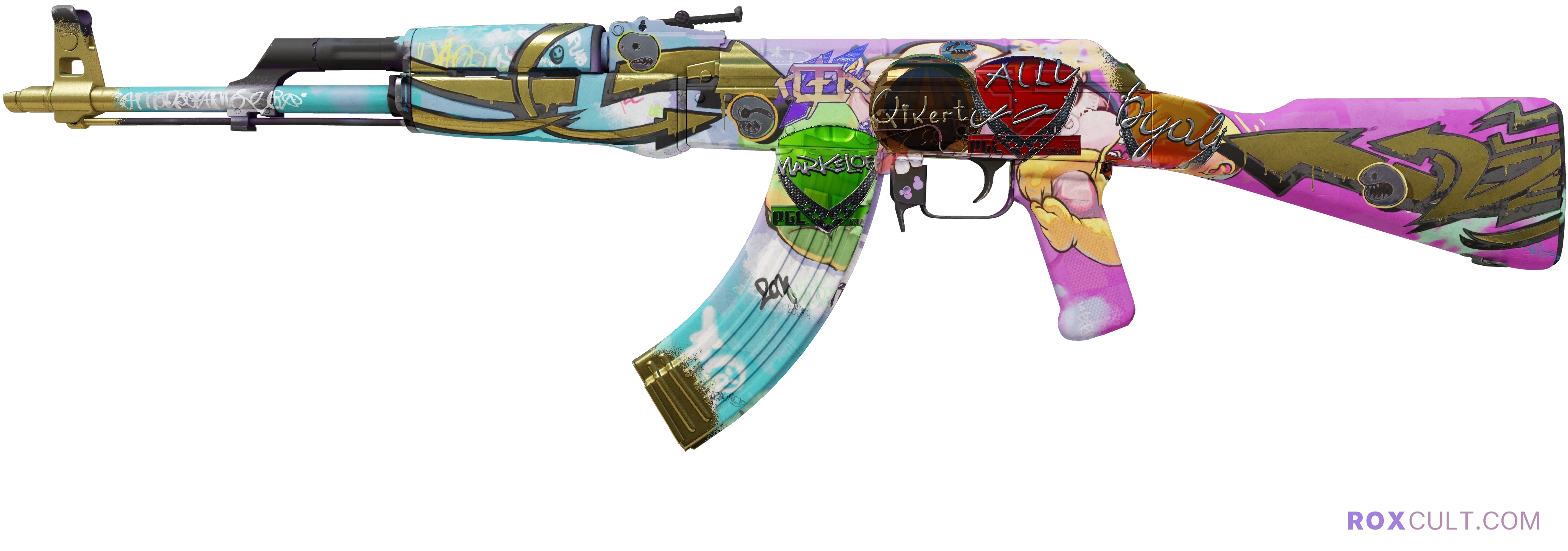 AK-47 | B the Monster (Field-Tested) — rox (Holo) Antwerp 2022 craft, playside view with 1 rox (Holo) sticker