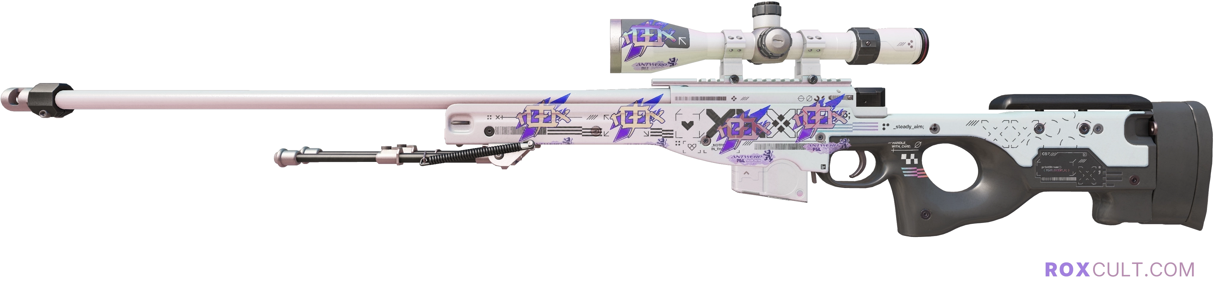 AWP | Printstream (Factory New) — rox (Holo) Antwerp 2022 craft, playside view with 5 rox (Holo) stickers