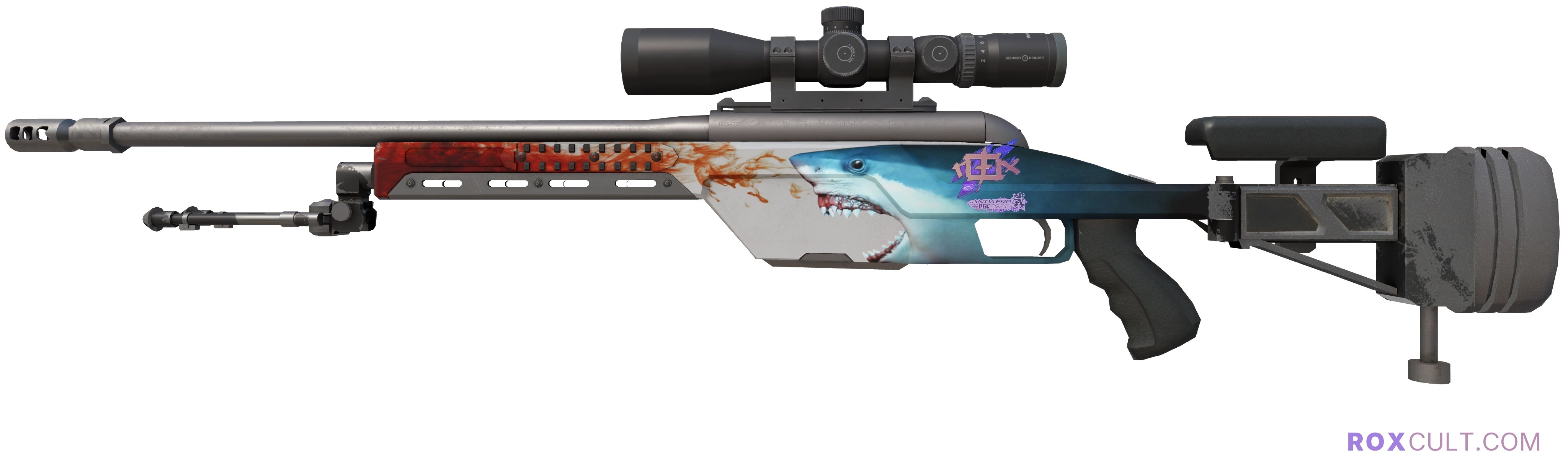 SSG 08 | Blood in the Water (Factory New) — rox (Holo) Antwerp 2022 craft, playside view with 1 rox (Holo) sticker