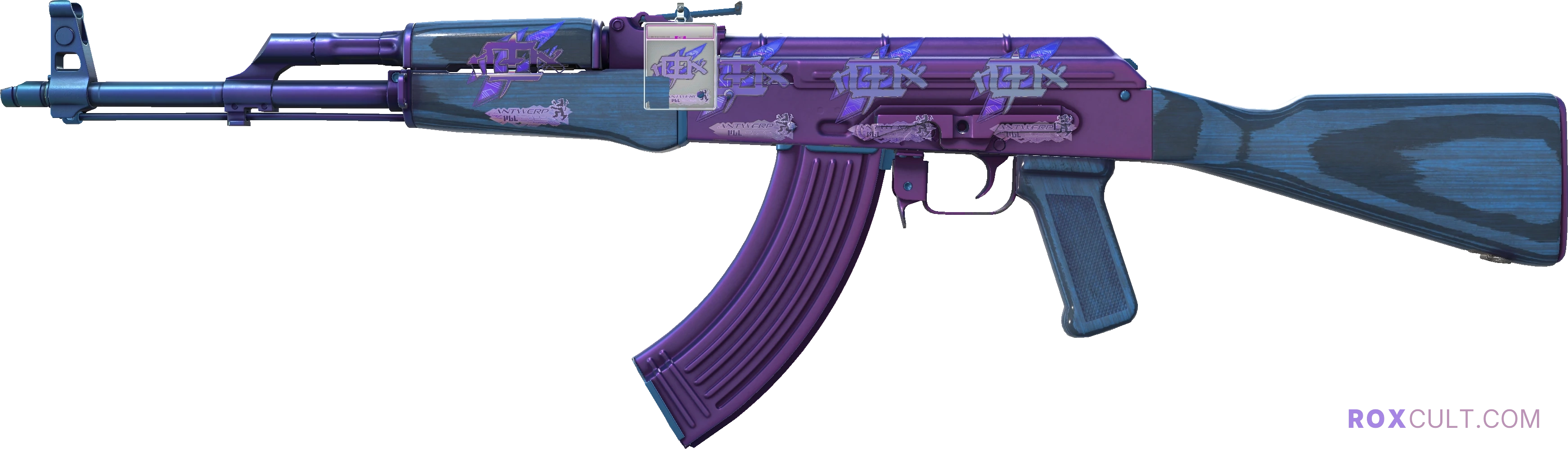 AK-47 | Midnight Laminate (Factory New) — rox (Holo) Antwerp 2022 craft, playside view with 4 rox (Holo) stickers