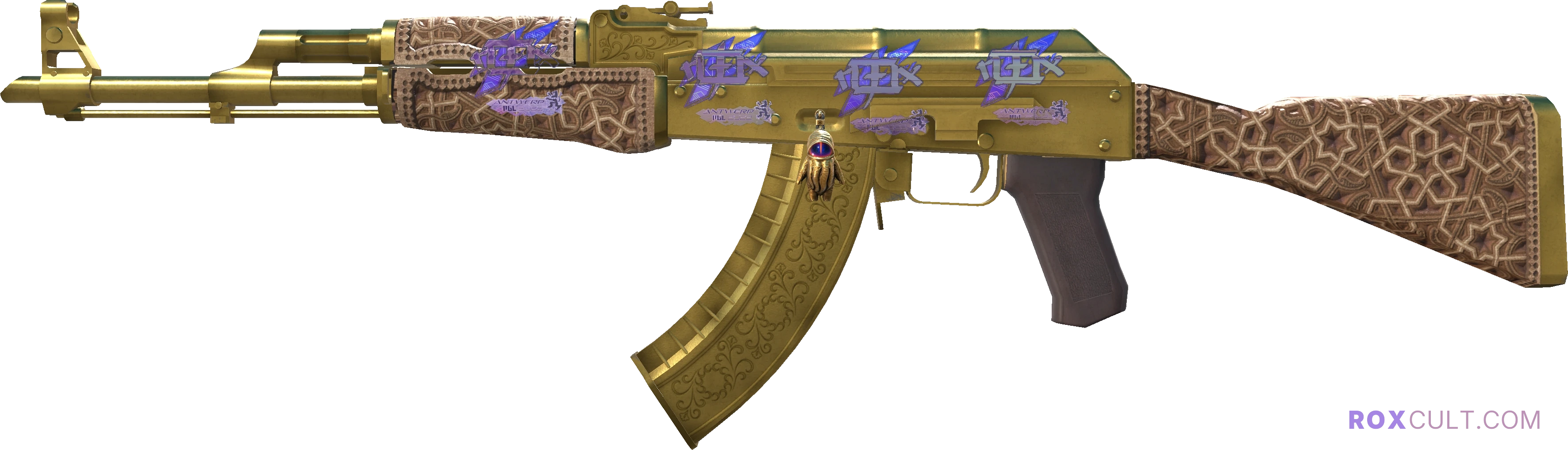 Souvenir AK-47 | Gold Arabesque (Field-Tested) — rox (Holo) Antwerp 2022 craft, playside view with 4 rox (Holo) stickers