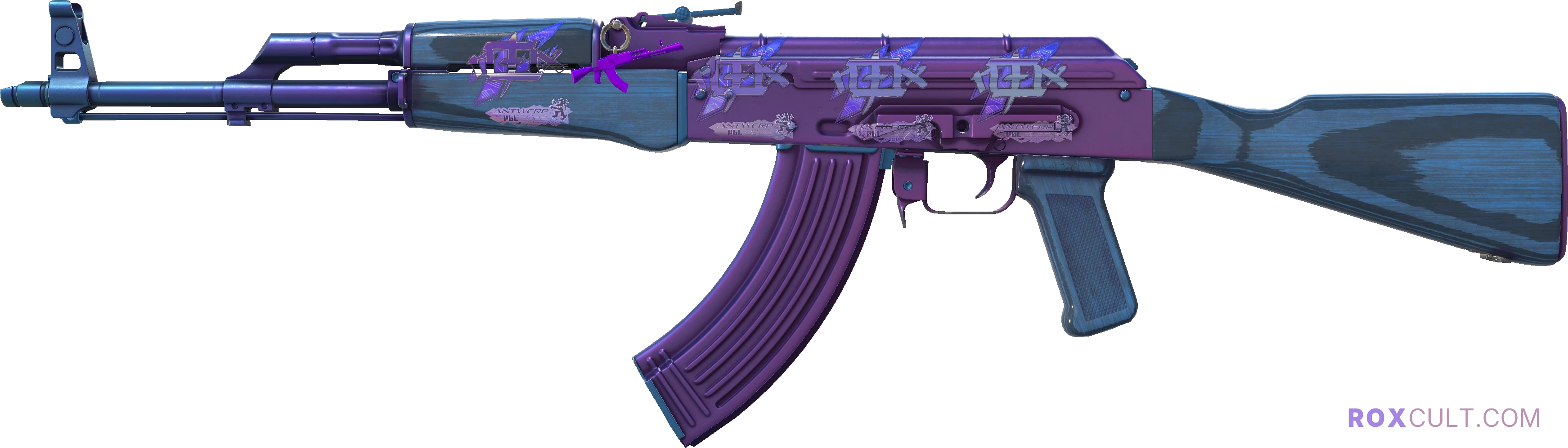AK-47 | Midnight Laminate (Factory New) — rox (Holo) Antwerp 2022 craft, playside view with 4 rox (Holo) stickers