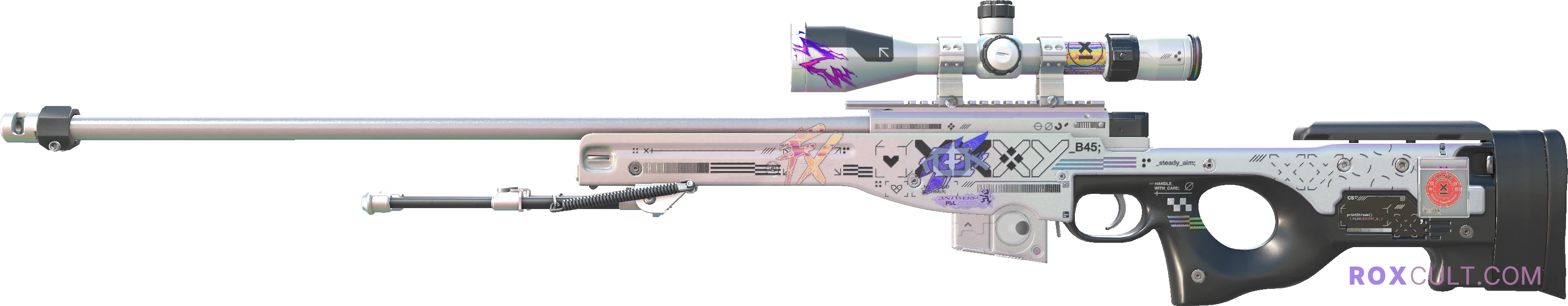 AWP | Printstream (Factory New) — rox (Holo) Antwerp 2022 craft, playside view with 1 rox (Holo) sticker