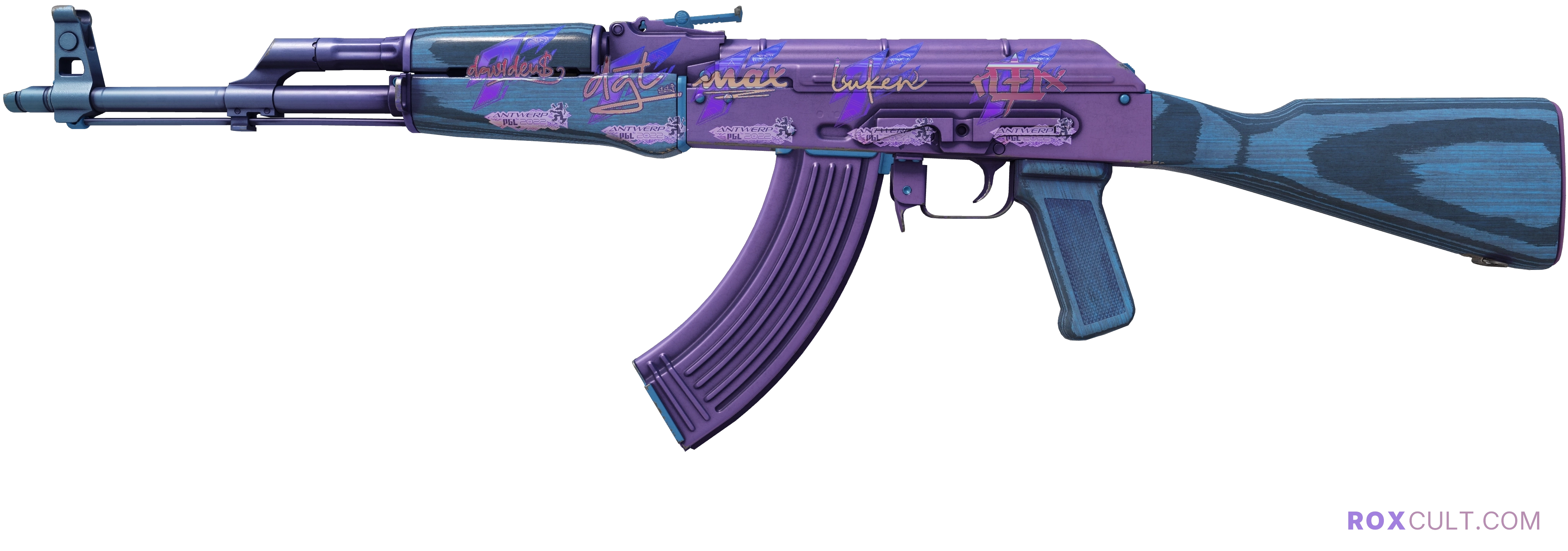 AK-47 | Midnight Laminate (Minimal Wear) — rox (Holo) Antwerp 2022 craft, playside view with 1 rox (Holo) sticker