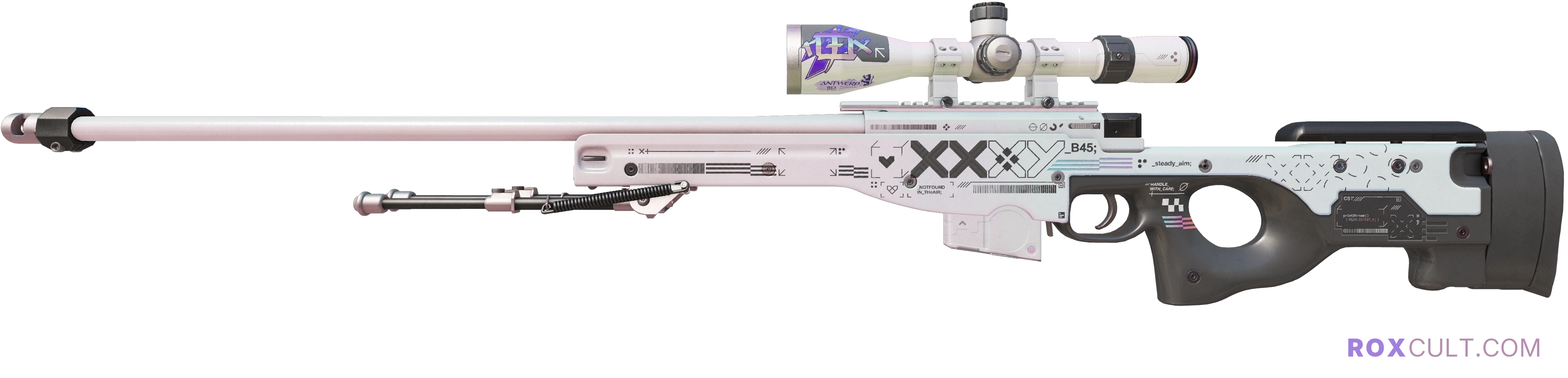 AWP | Printstream (Factory New) — rox (Holo) Antwerp 2022 craft, playside view with 1 rox (Holo) sticker