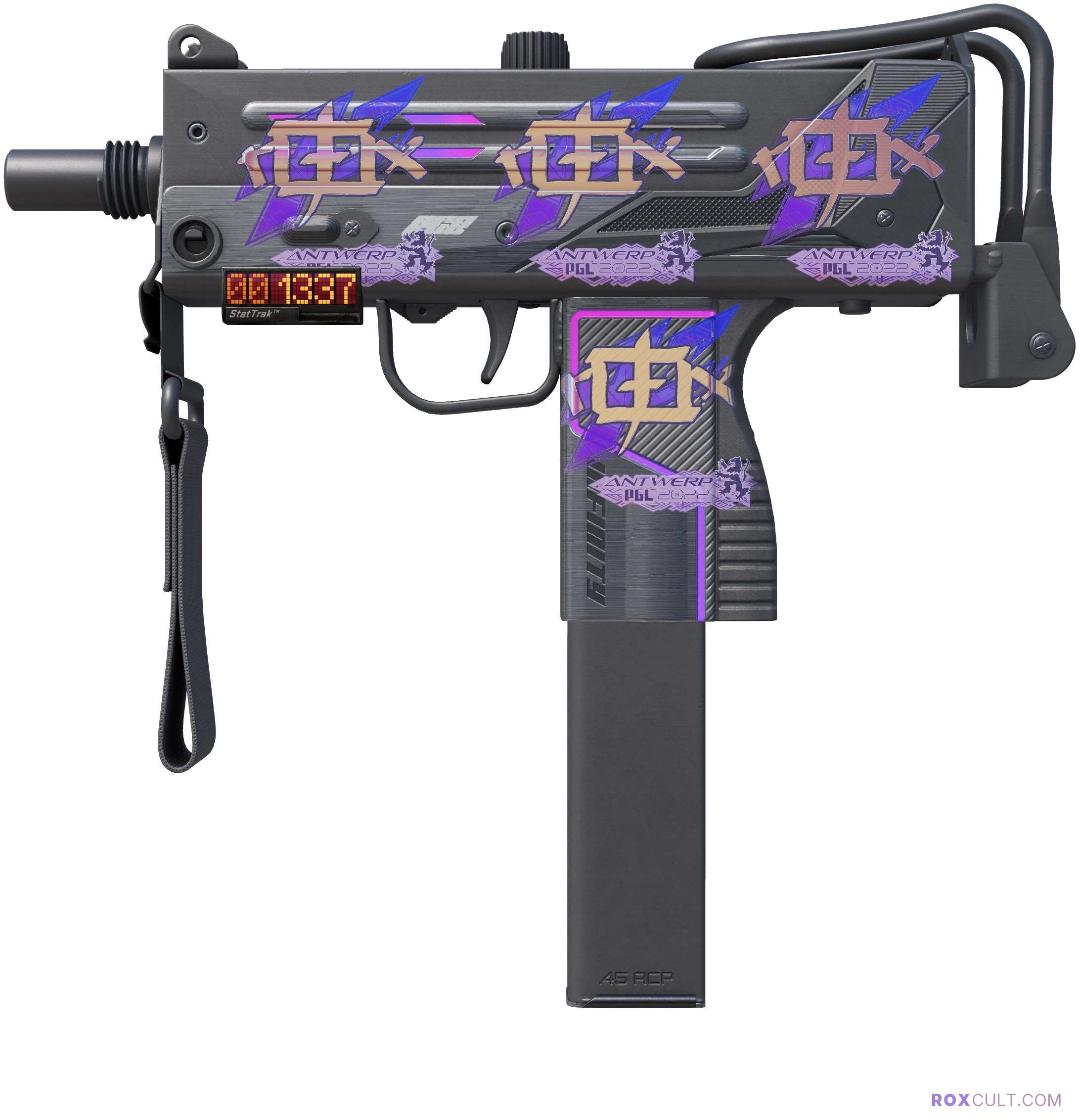 StatTrak™ MAC-10 | Light Box (Factory New) — rox (Holo) Antwerp 2022 craft, playside view with 4 rox (Holo) stickers