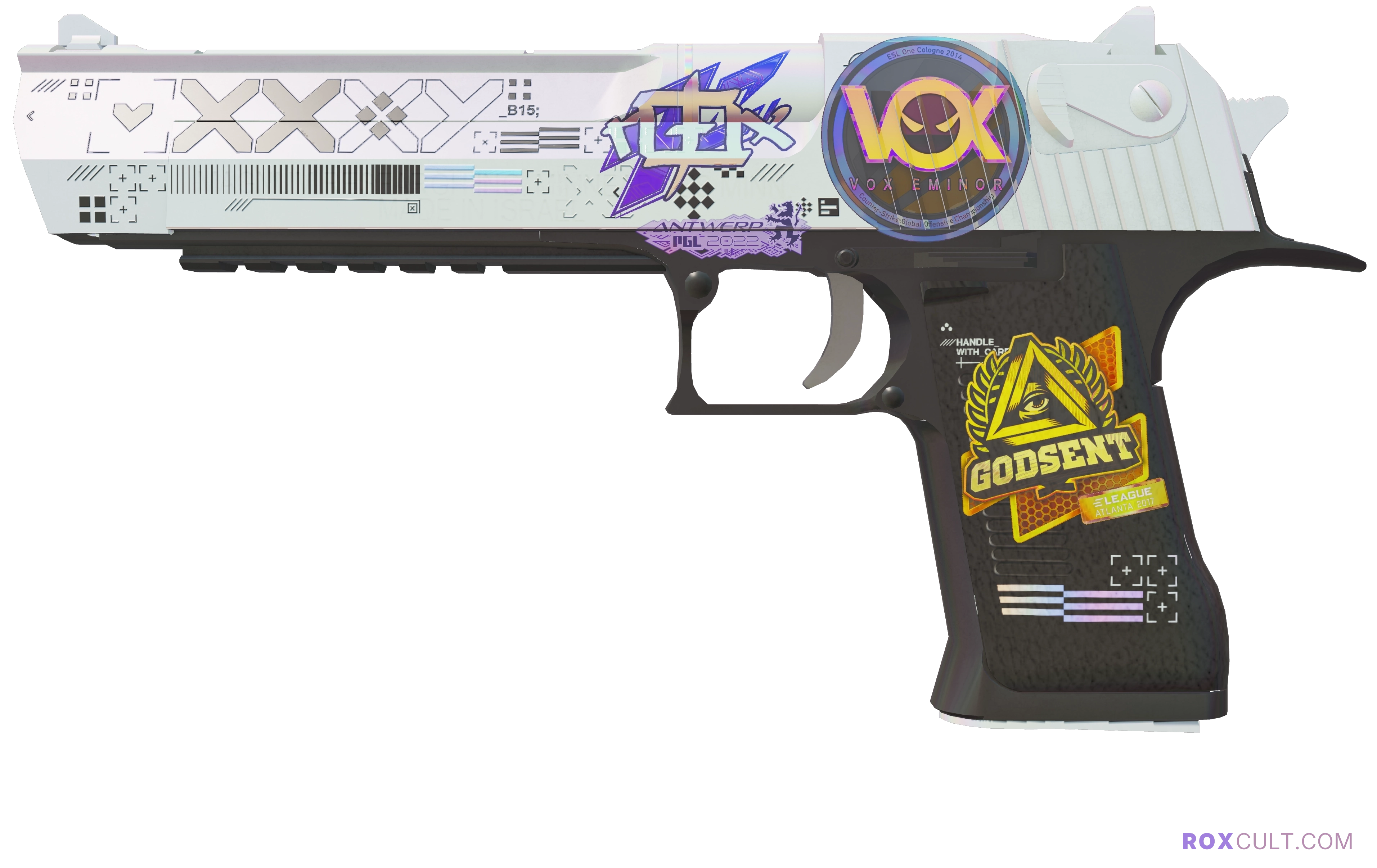 Desert Eagle | Printstream (Factory New) — rox (Holo) Antwerp 2022 craft, playside view with 1 rox (Holo) sticker
