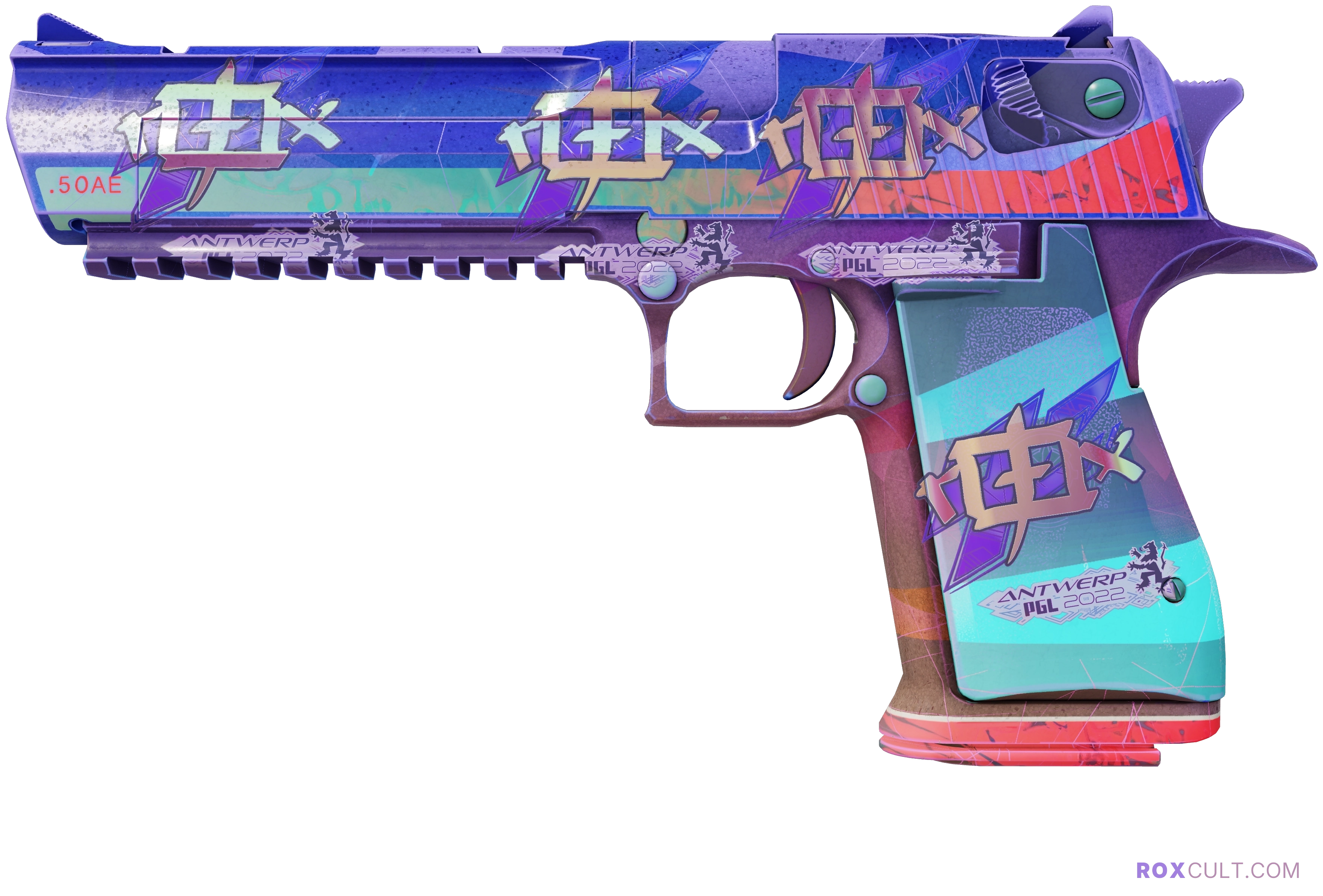 Desert Eagle | Starcade (Factory New) — rox (Holo) Antwerp 2022 craft, playside view with 4 rox (Holo) stickers