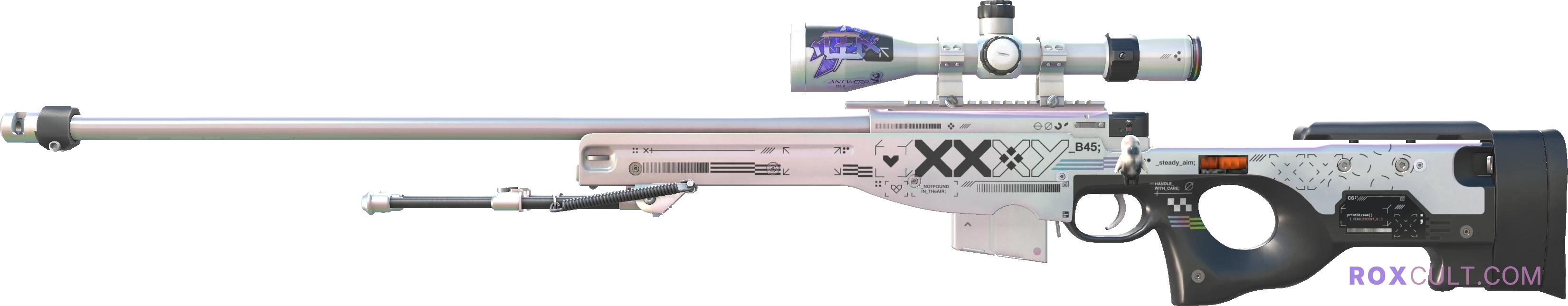StatTrak™ AWP | Printstream (Factory New) — rox (Holo) Antwerp 2022 craft, playside view with 1 rox (Holo) sticker