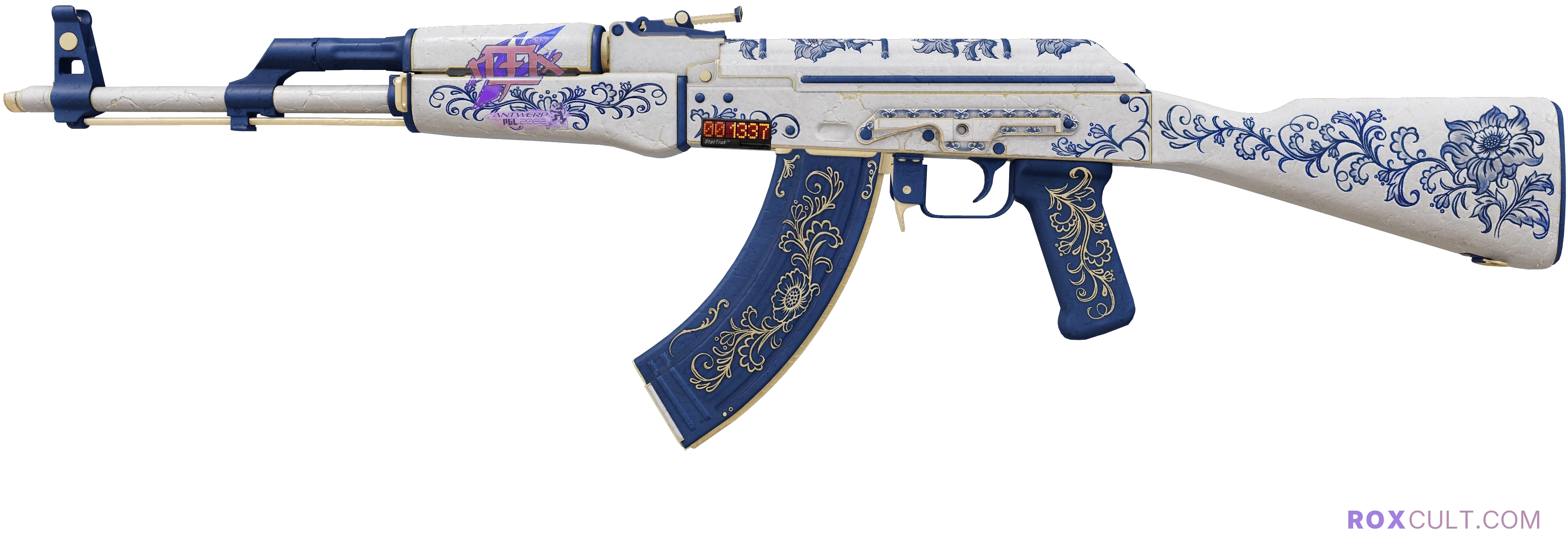 StatTrak™ AK-47 | Inheritance (Factory New) — rox (Holo) Antwerp 2022 craft, playside view with 1 rox (Holo) sticker