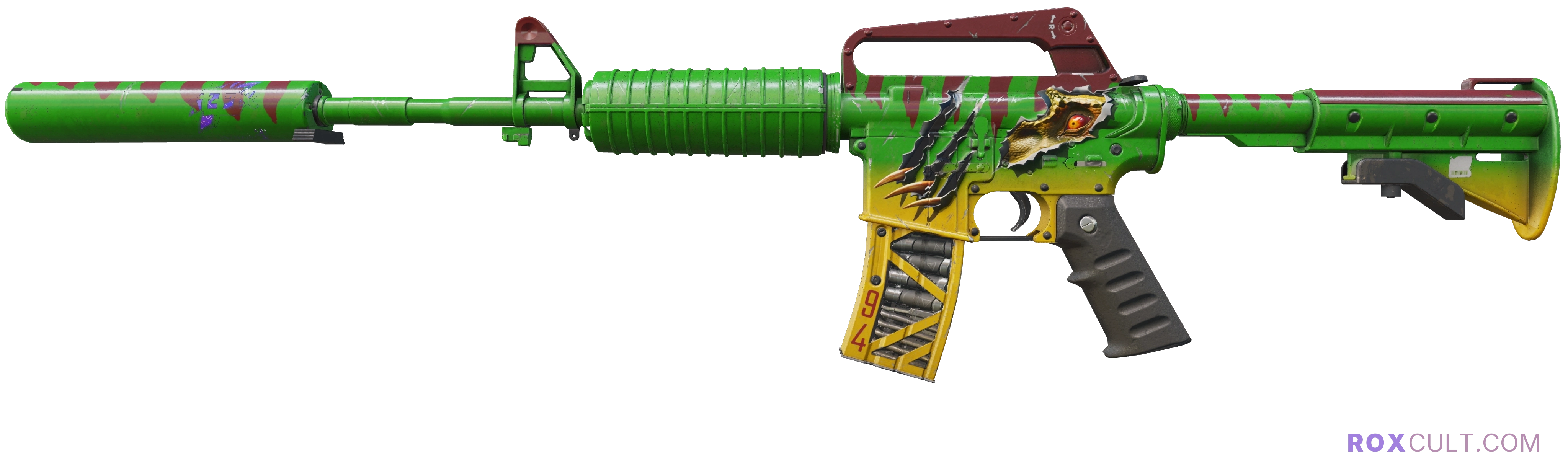 M4A1-S | Emphorosaur-S (Minimal Wear) — rox (Holo) Antwerp 2022 craft, playside view with 1 rox (Holo) sticker