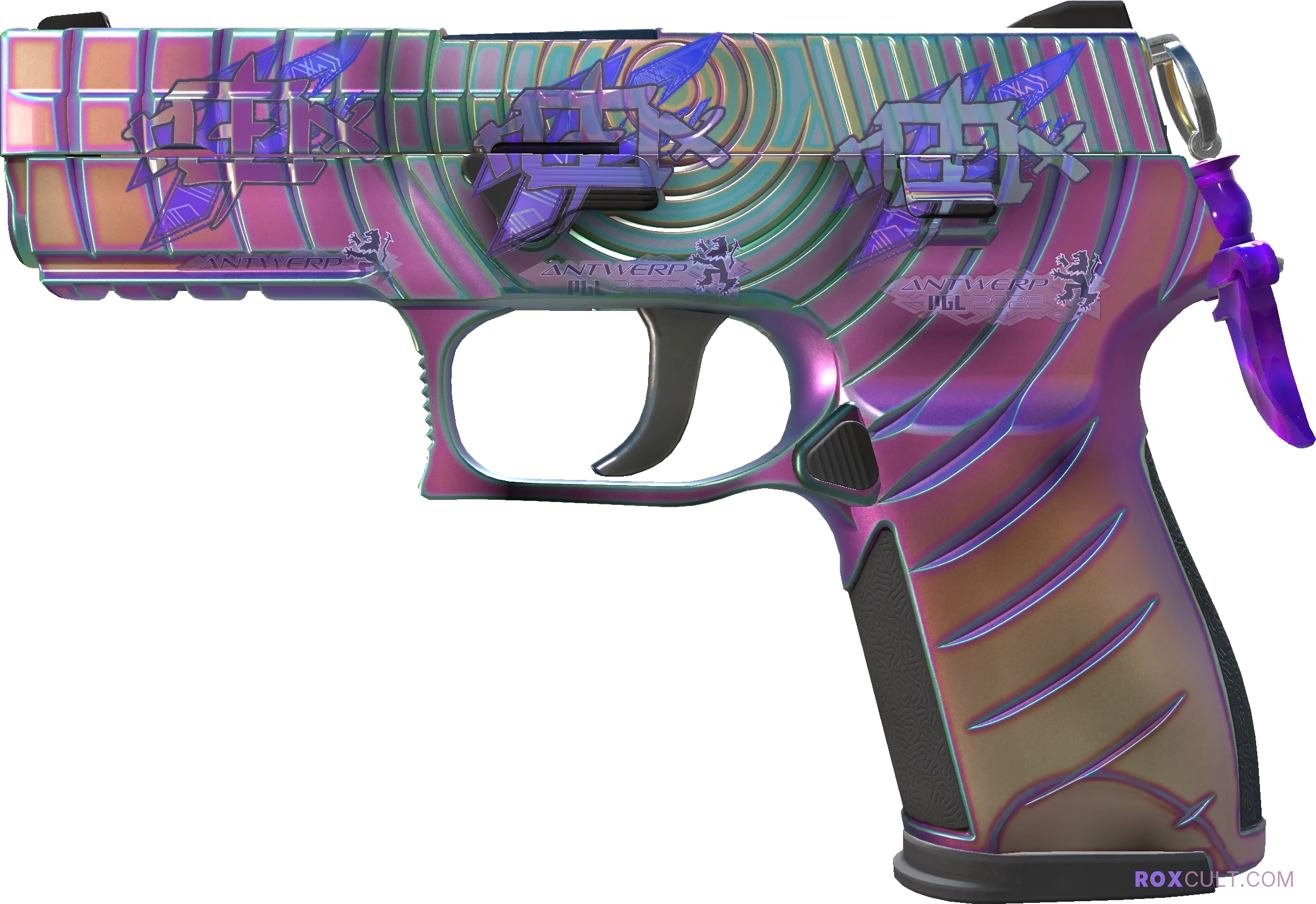 P250 | Epicenter (Factory New) — rox (Holo) Antwerp 2022 craft, playside view with 3 rox (Holo) stickers