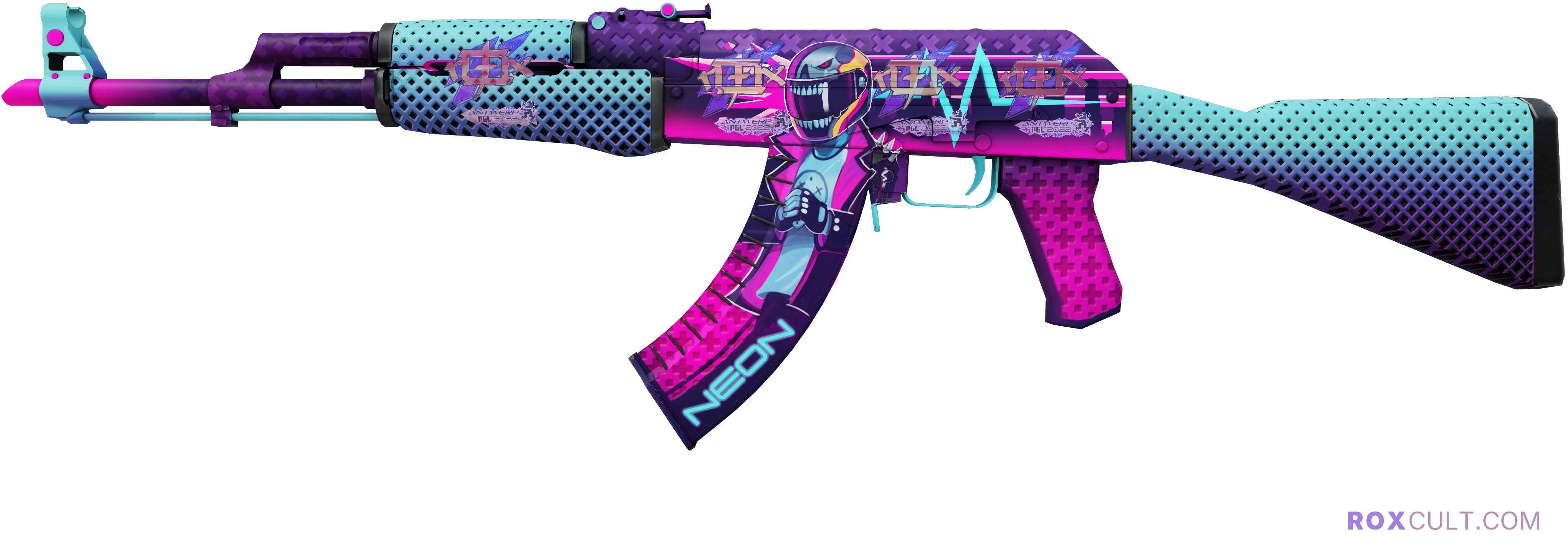 AK-47 | Neon Rider (Factory New) — rox (Holo) Antwerp 2022 craft, playside view with 4 rox (Holo) stickers