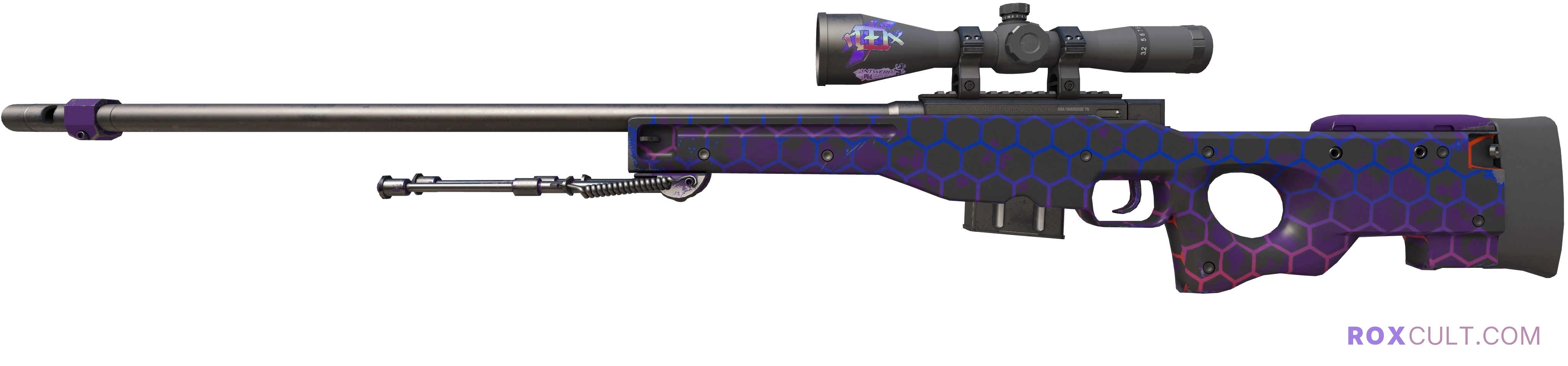 AWP | Electric Hive (Minimal Wear) — rox (Holo) Antwerp 2022 craft, playside view with 1 rox (Holo) sticker
