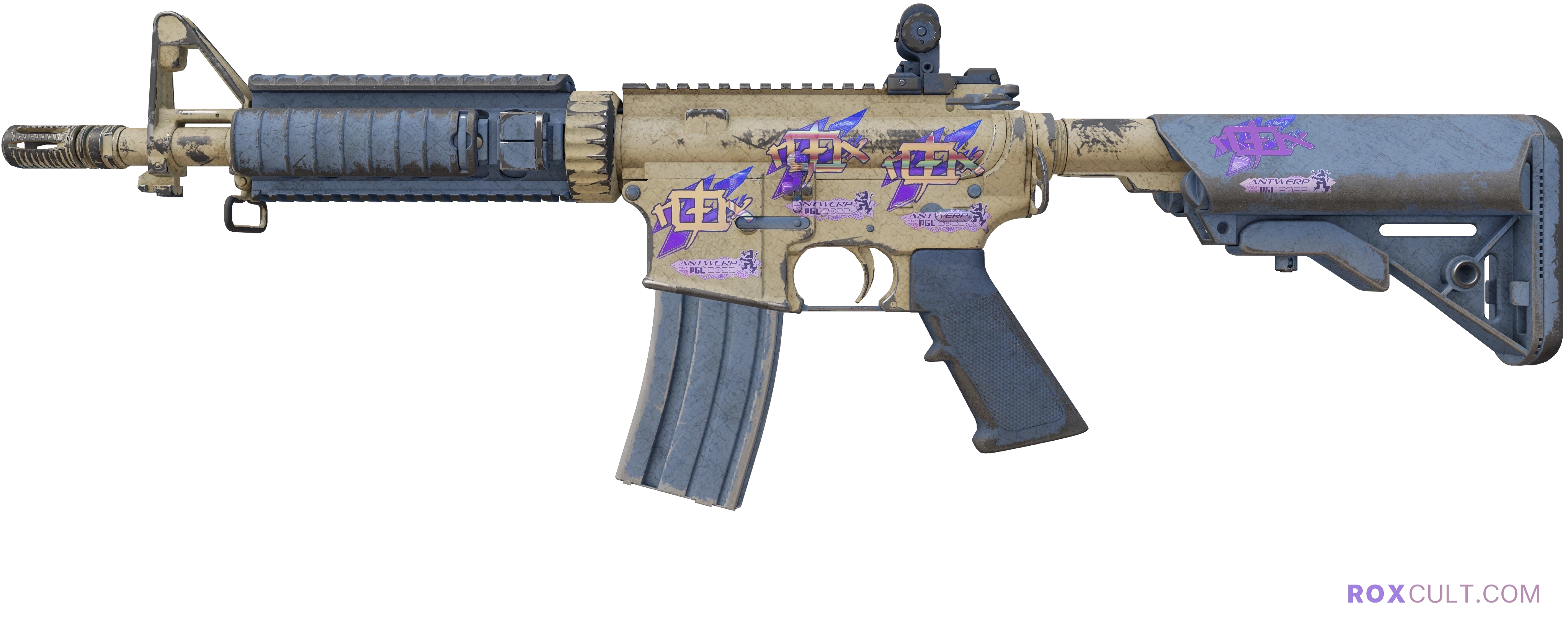 M4A4 | Tornado (Battle-Scarred) — rox (Holo) Antwerp 2022 craft, playside view with 4 rox (Holo) stickers