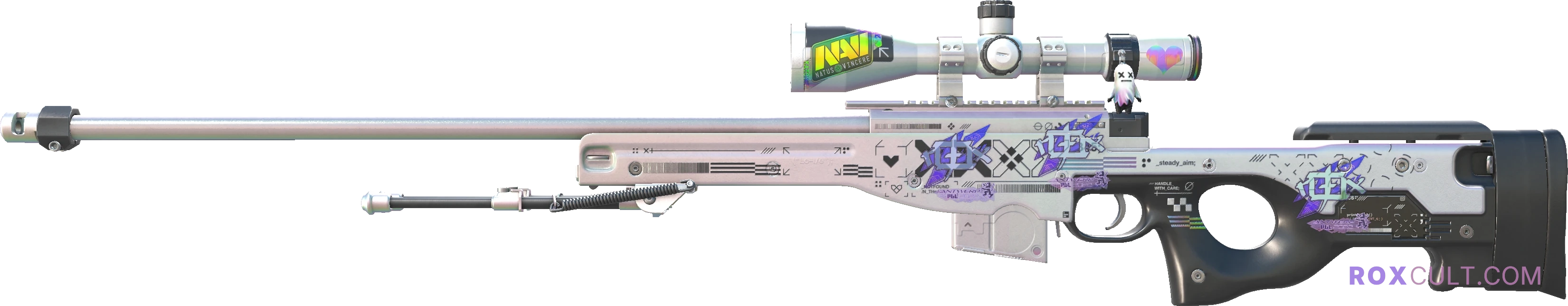 AWP | Printstream (Factory New) — rox (Holo) Antwerp 2022 craft, playside view with 3 rox (Holo) stickers