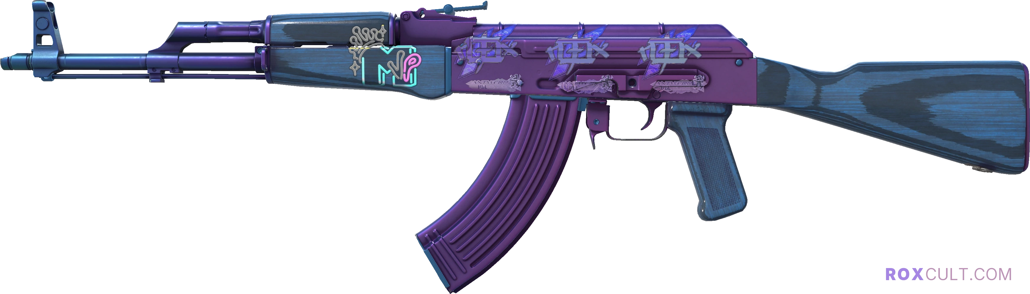 AK-47 | Midnight Laminate (Factory New) — rox (Holo) Antwerp 2022 craft, playside view with 3 rox (Holo) stickers
