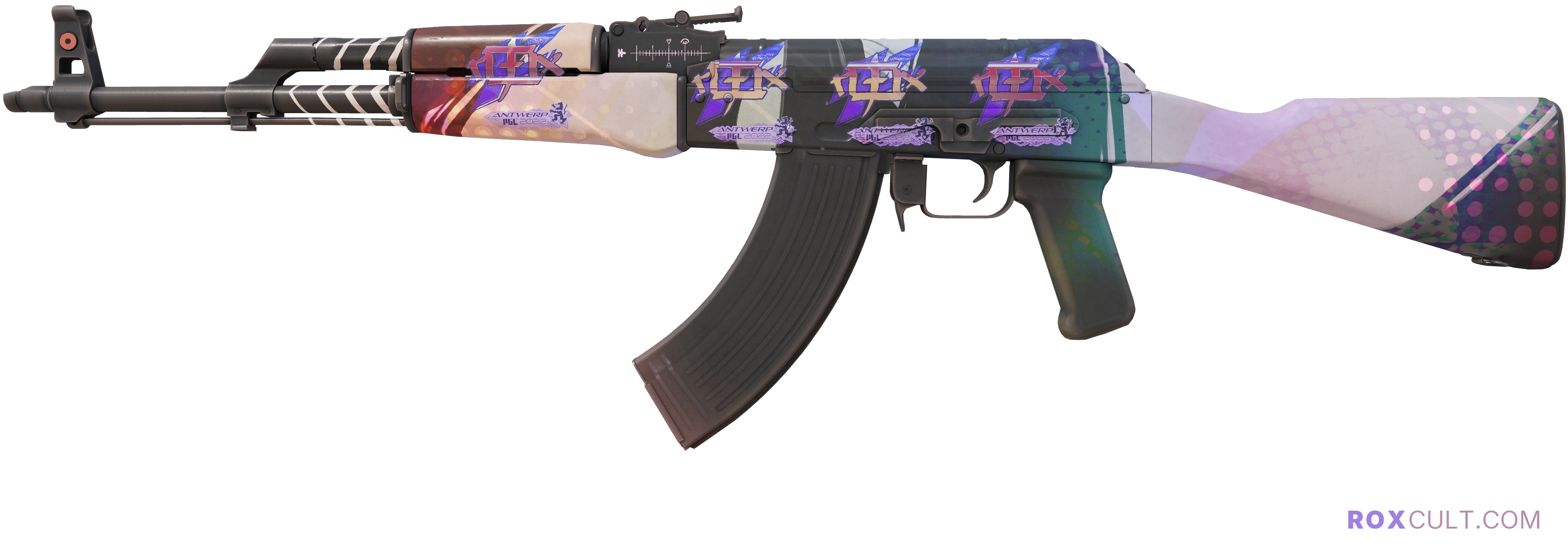 AK-47 | Crossfade (Factory New) — rox (Holo) Antwerp 2022 craft, playside view with 4 rox (Holo) stickers