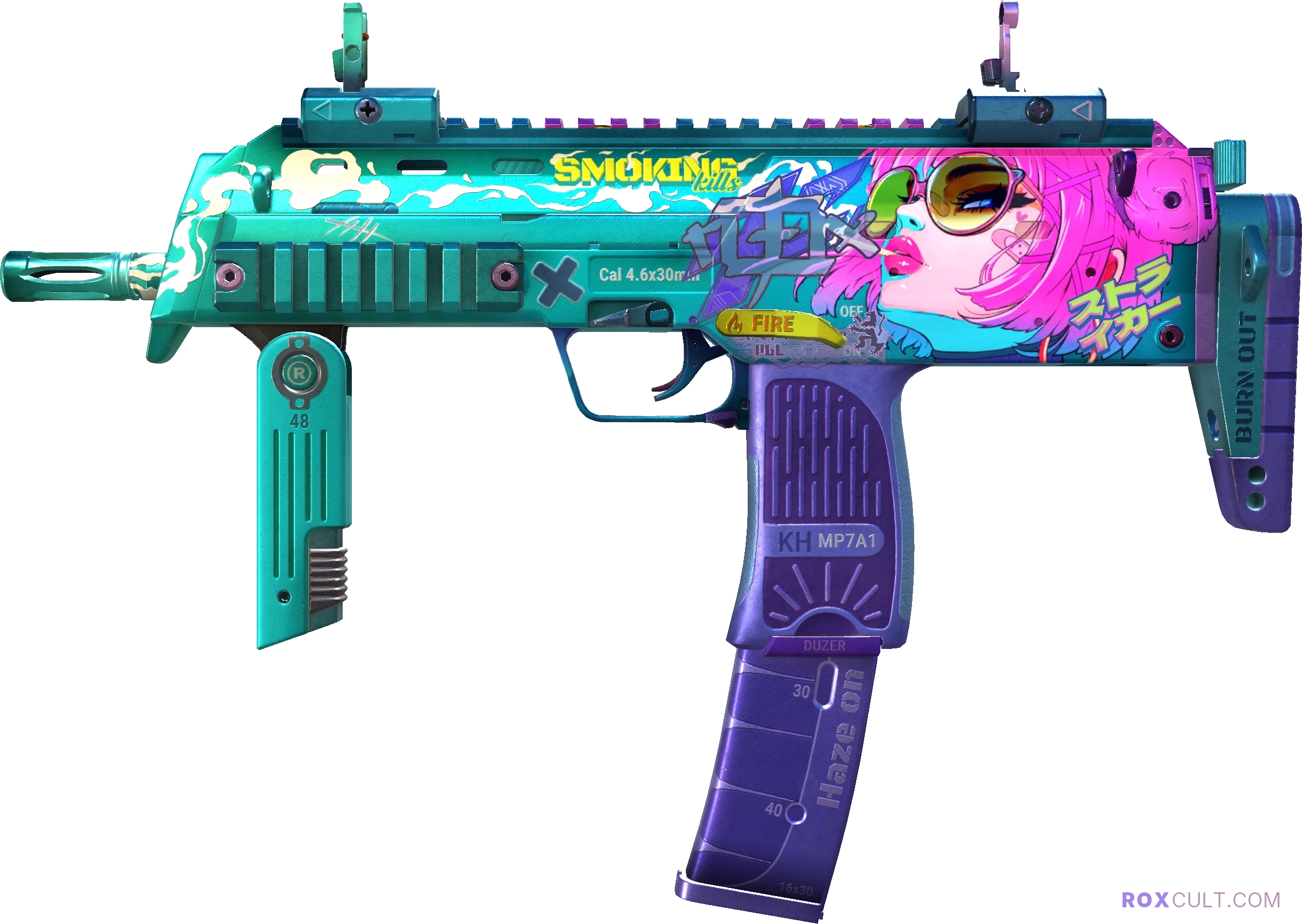 MP7 | Smoking Kills (Factory New) — rox (Holo) Antwerp 2022 craft, playside view with 1 rox (Holo) sticker