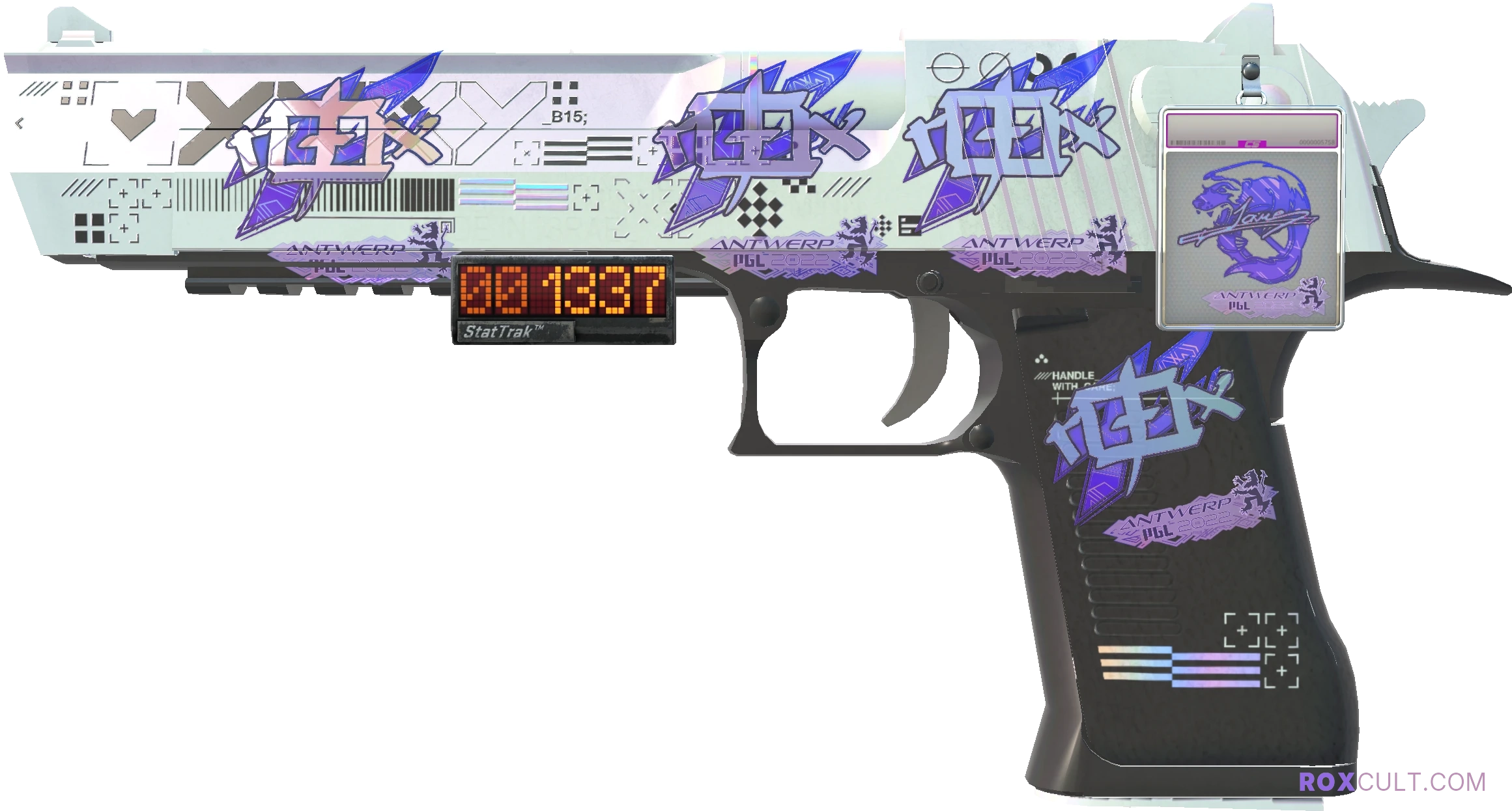 StatTrak™ Desert Eagle | Printstream (Factory New) — rox (Holo) Antwerp 2022 craft, playside view with 4 rox (Holo) stickers