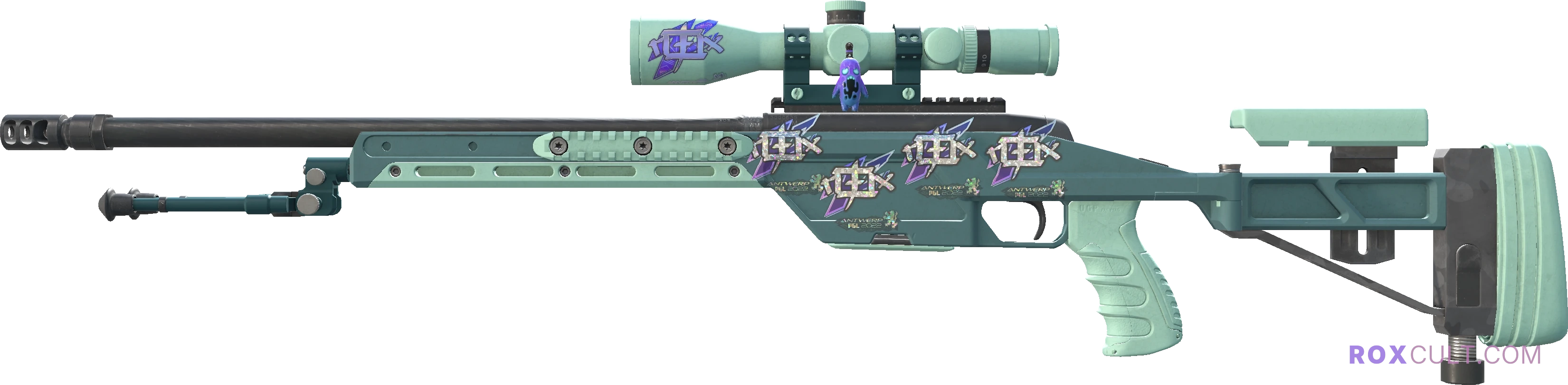 SSG 08 | Blue Spruce (Factory New) — rox (Holo) Antwerp 2022 craft, playside view with 1 rox (Holo) sticker
