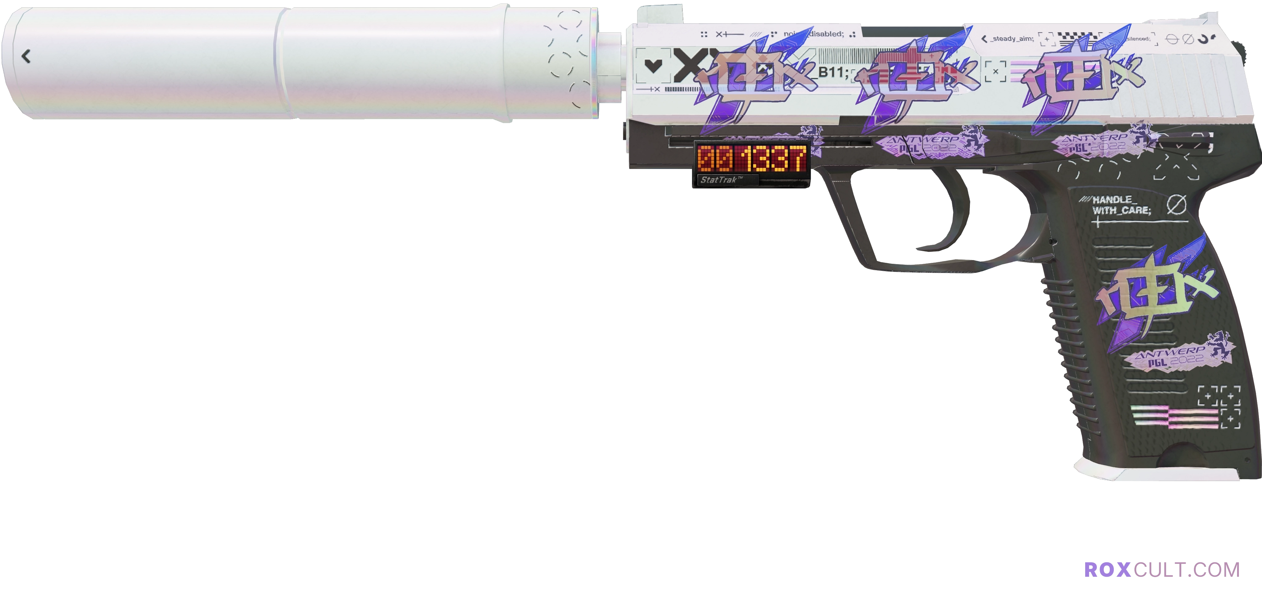 StatTrak™ USP-S | Printstream (Minimal Wear) — rox (Holo) Antwerp 2022 craft, playside view with 4 rox (Holo) stickers