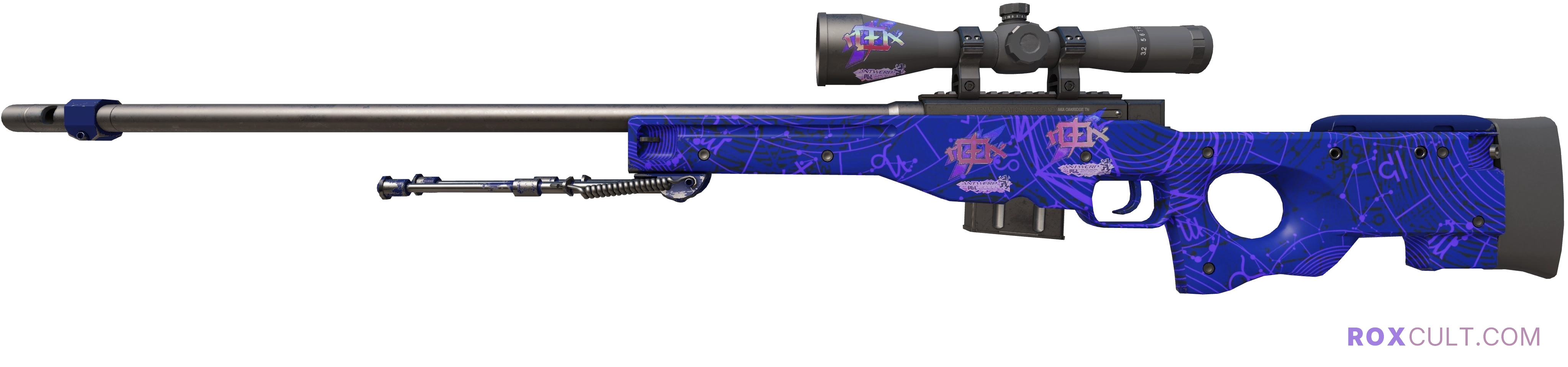 AWP | Sun in Leo (Factory New) — rox (Holo) Antwerp 2022 craft, playside view with 3 rox (Holo) stickers