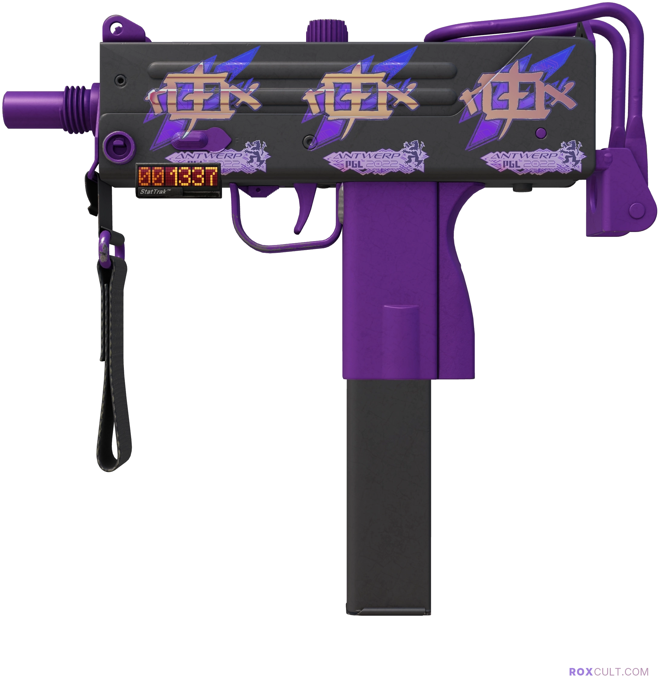 StatTrak™ MAC-10 | Ultraviolet (Factory New) — rox (Holo) Antwerp 2022 craft, playside view with 3 rox (Holo) stickers