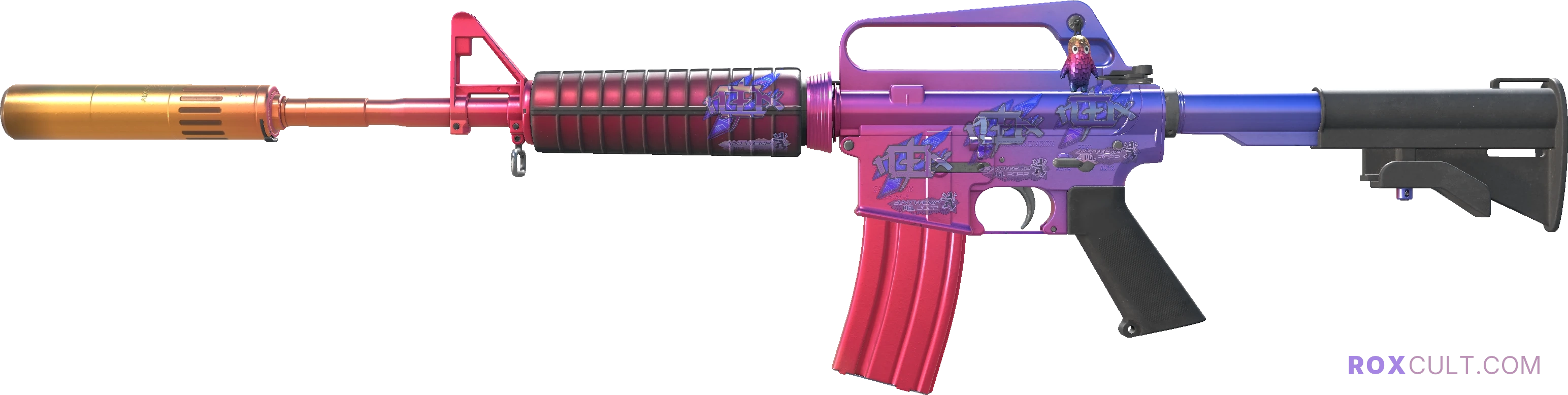 M4A1-S | Fade (Factory New) — rox (Holo) Antwerp 2022 craft, playside view with 4 rox (Holo) stickers