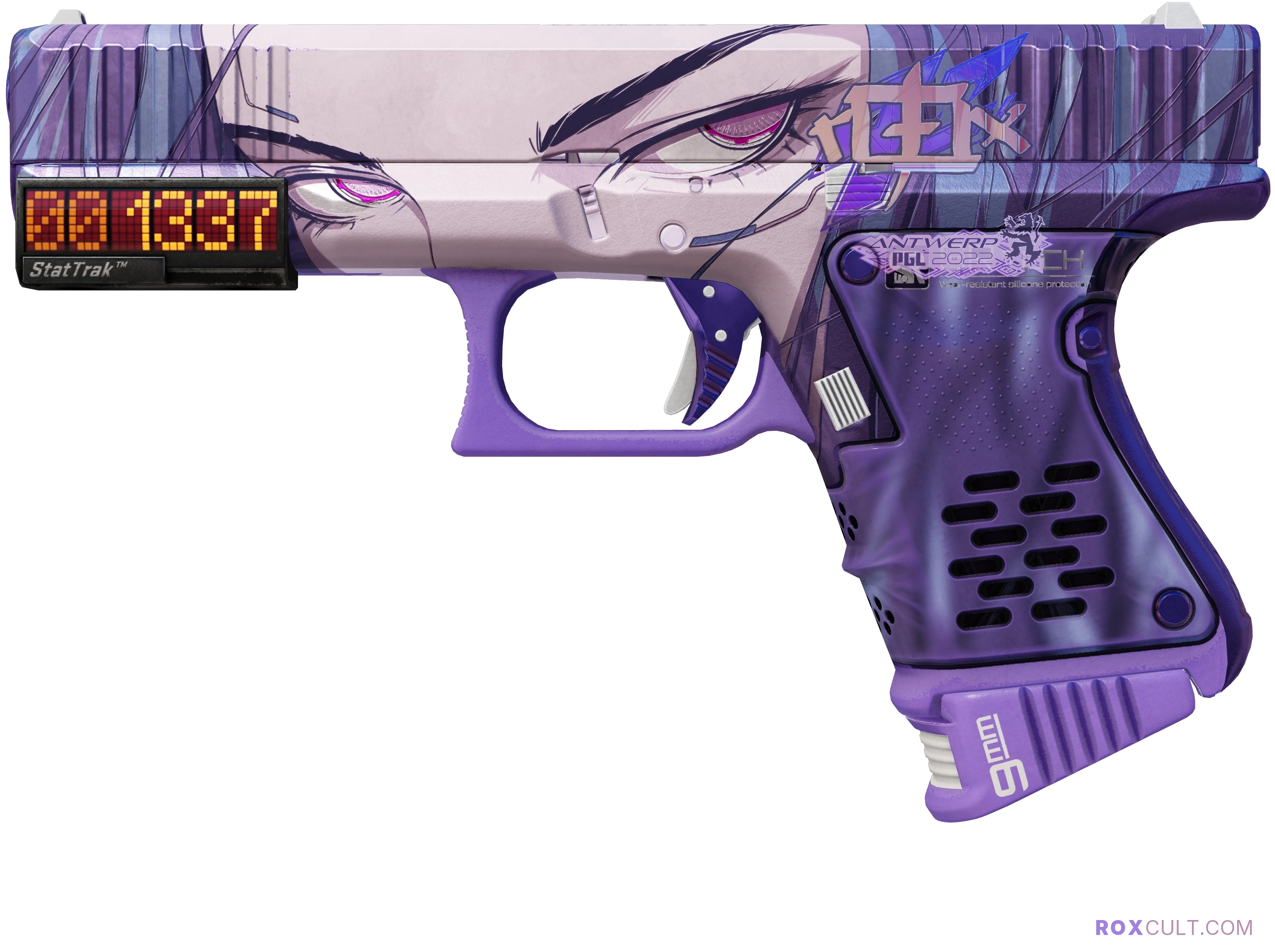 StatTrak™ Glock-18 | Shinobu (Factory New) — rox (Holo) Antwerp 2022 craft, playside view with 1 rox (Holo) sticker