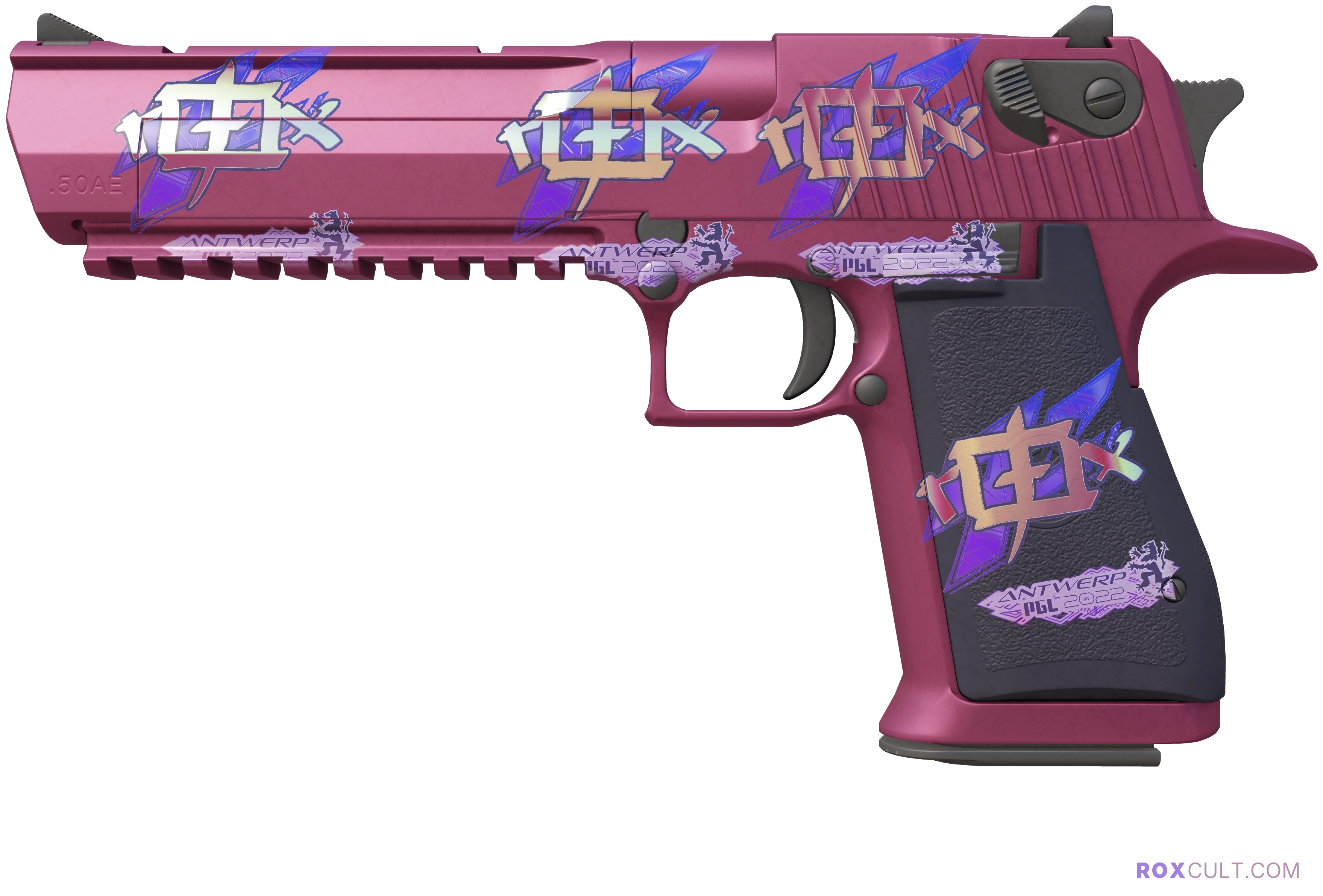 Desert Eagle | Mulberry (Factory New) — rox (Holo) Antwerp 2022 craft, playside view with 4 rox (Holo) stickers
