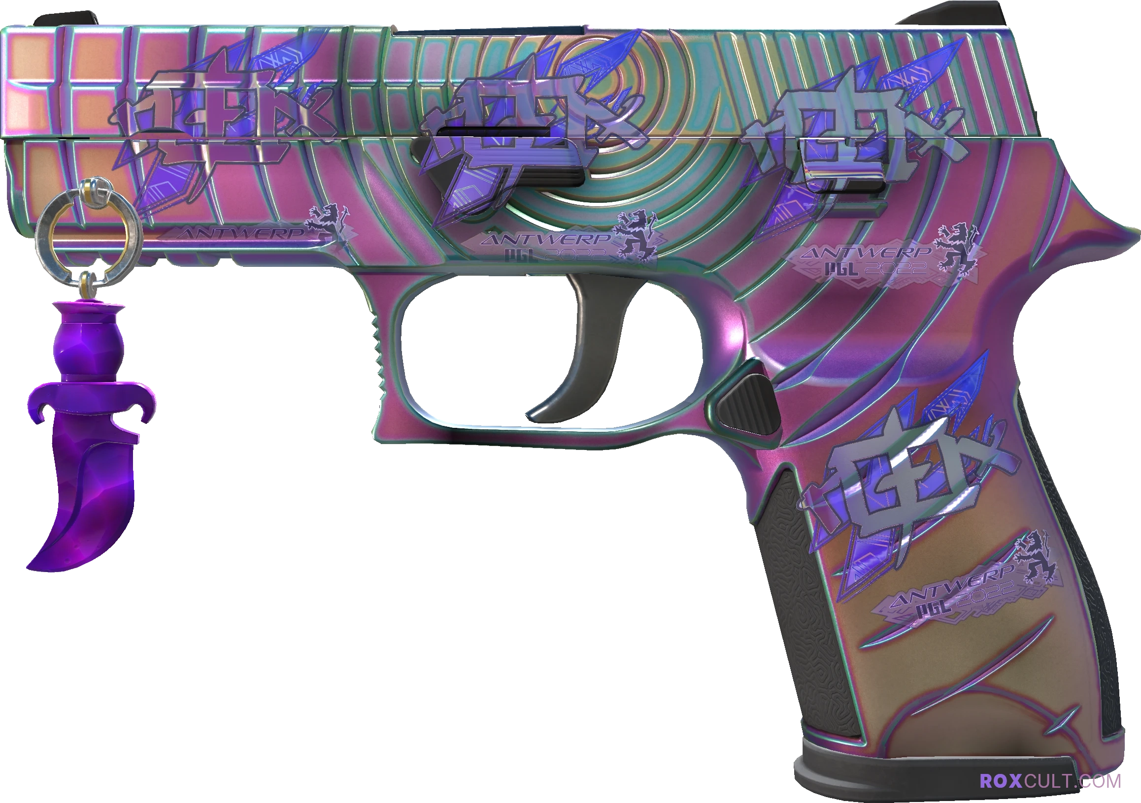 P250 | Epicenter (Factory New) — rox (Holo) Antwerp 2022 craft, playside view with 4 rox (Holo) stickers