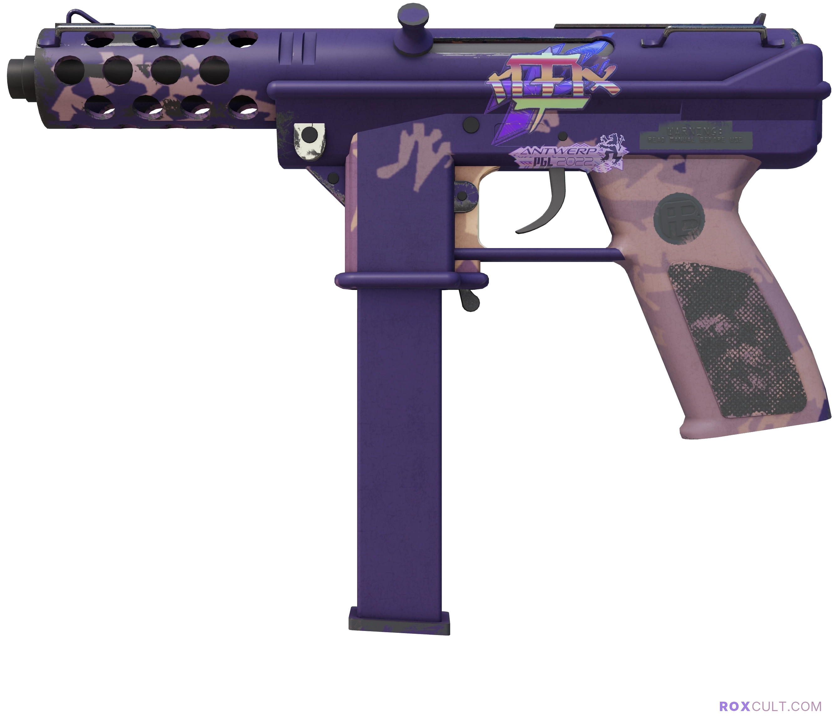 Tec-9 | Sandstorm (Minimal Wear) — rox (Holo) Antwerp 2022 craft, playside view with 1 rox (Holo) sticker