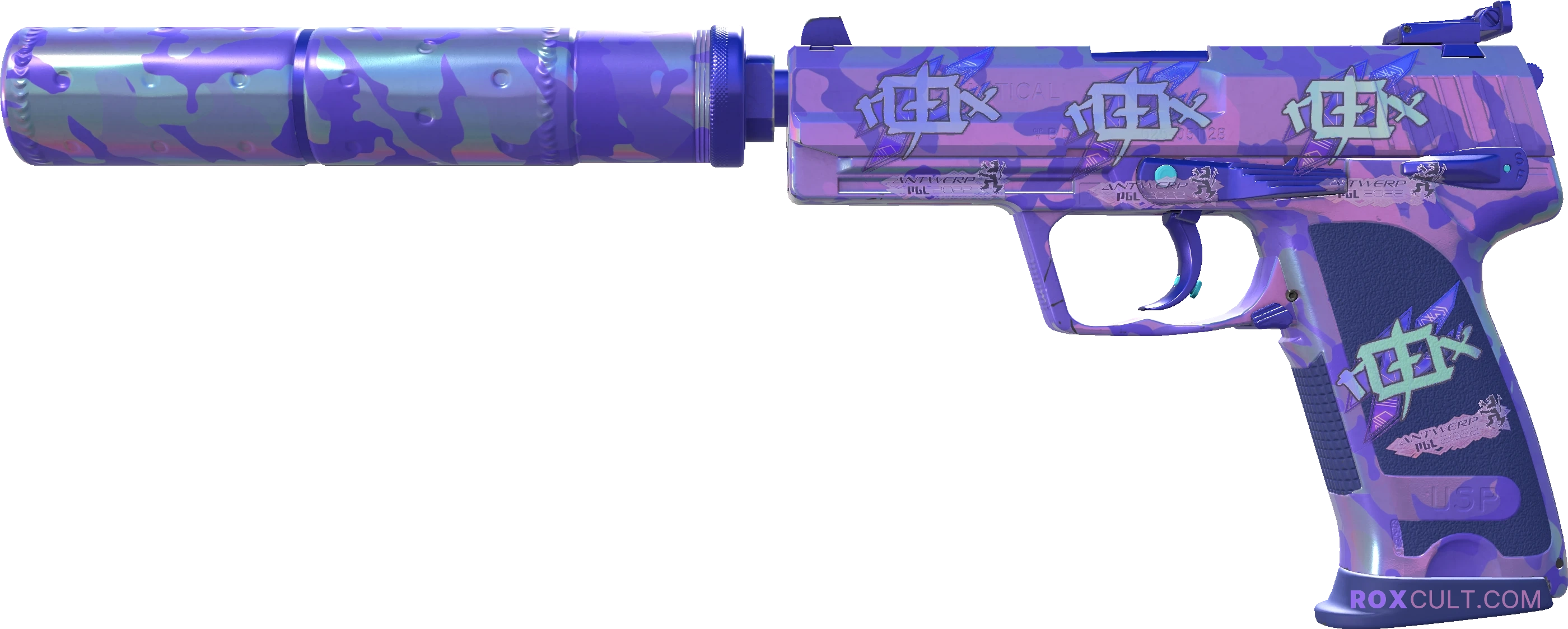 USP-S | Sleeping Potion (Factory New) — rox (Holo) Antwerp 2022 craft, playside view with 4 rox (Holo) stickers