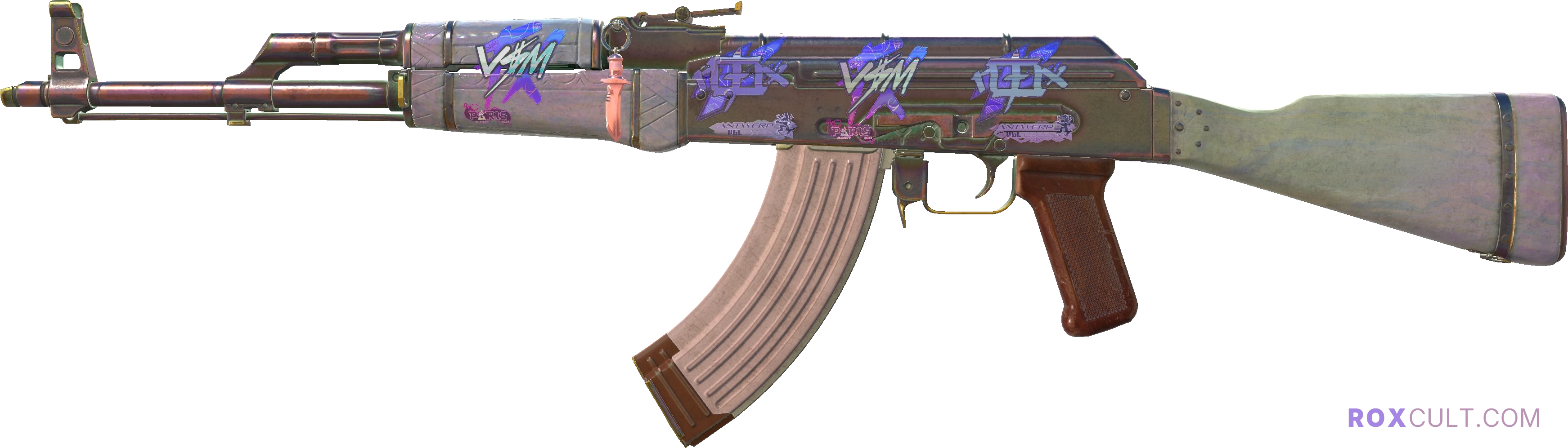 AK-47 | Aphrodite (Field-Tested) — rox (Holo) Antwerp 2022 craft, playside view with 2 rox (Holo) stickers