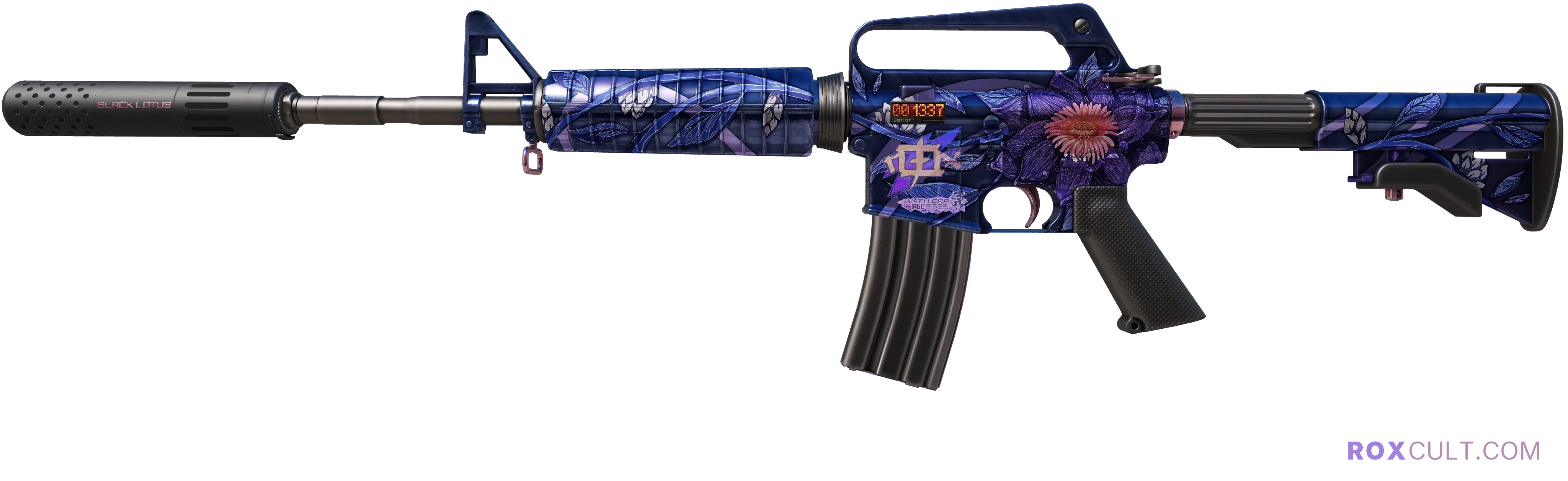 StatTrak™ M4A1-S | Black Lotus (Factory New) — rox (Holo) Antwerp 2022 craft, playside view with 1 rox (Holo) sticker