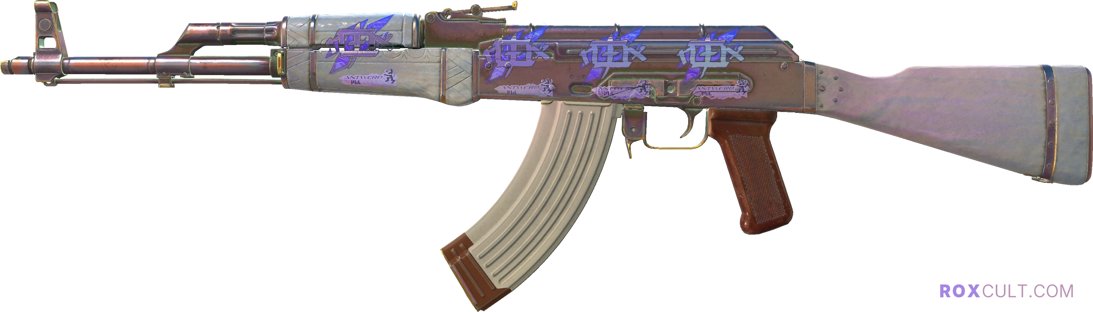 AK-47 | Aphrodite (Factory New) — rox (Holo) Antwerp 2022 craft, playside view with 4 rox (Holo) stickers