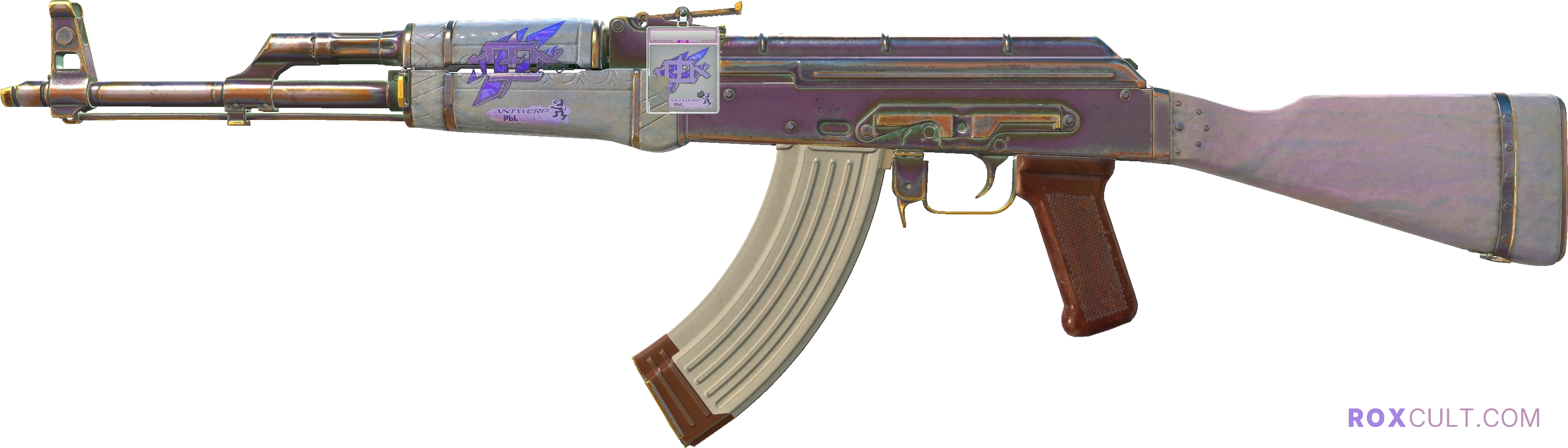 AK-47 | Aphrodite (Minimal Wear) — rox (Holo) Antwerp 2022 craft, playside view with 1 rox (Holo) sticker