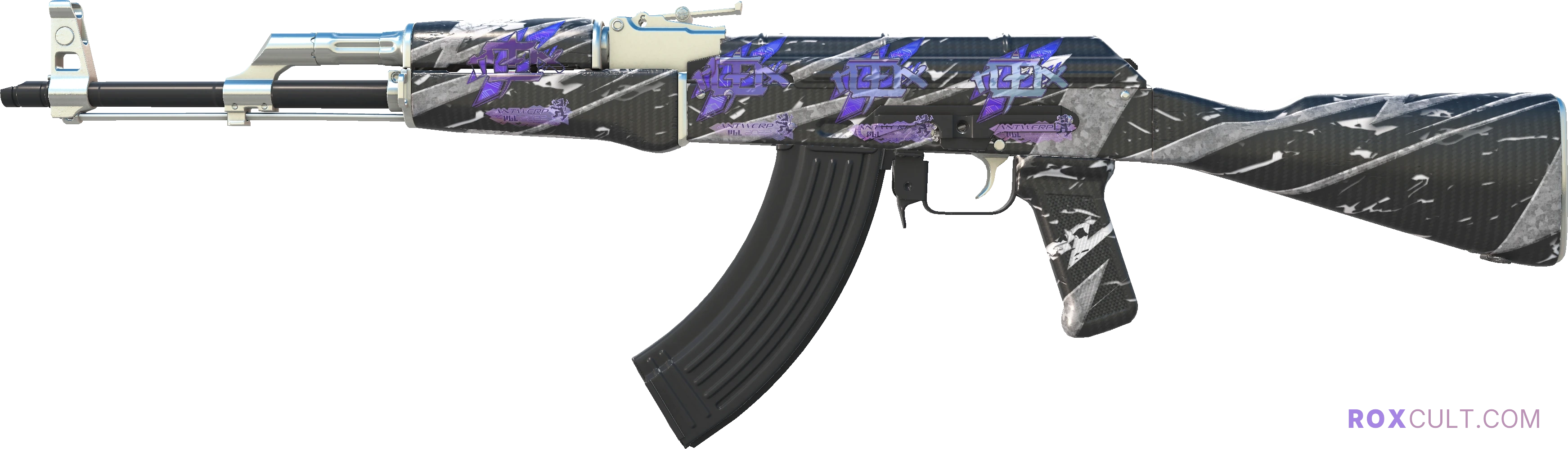AK-47 | Breakthrough (Factory New) — rox (Holo) Antwerp 2022 craft, playside view with 4 rox (Holo) stickers