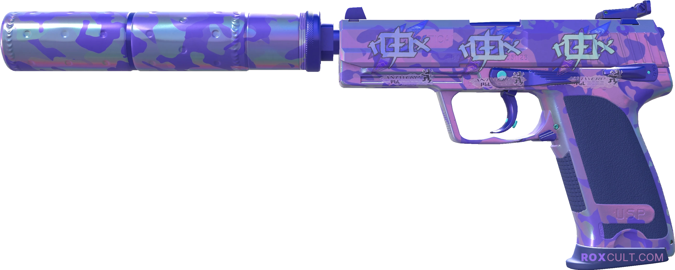 USP-S | Sleeping Potion (Factory New) — rox (Holo) Antwerp 2022 craft, playside view with 3 rox (Holo) stickers