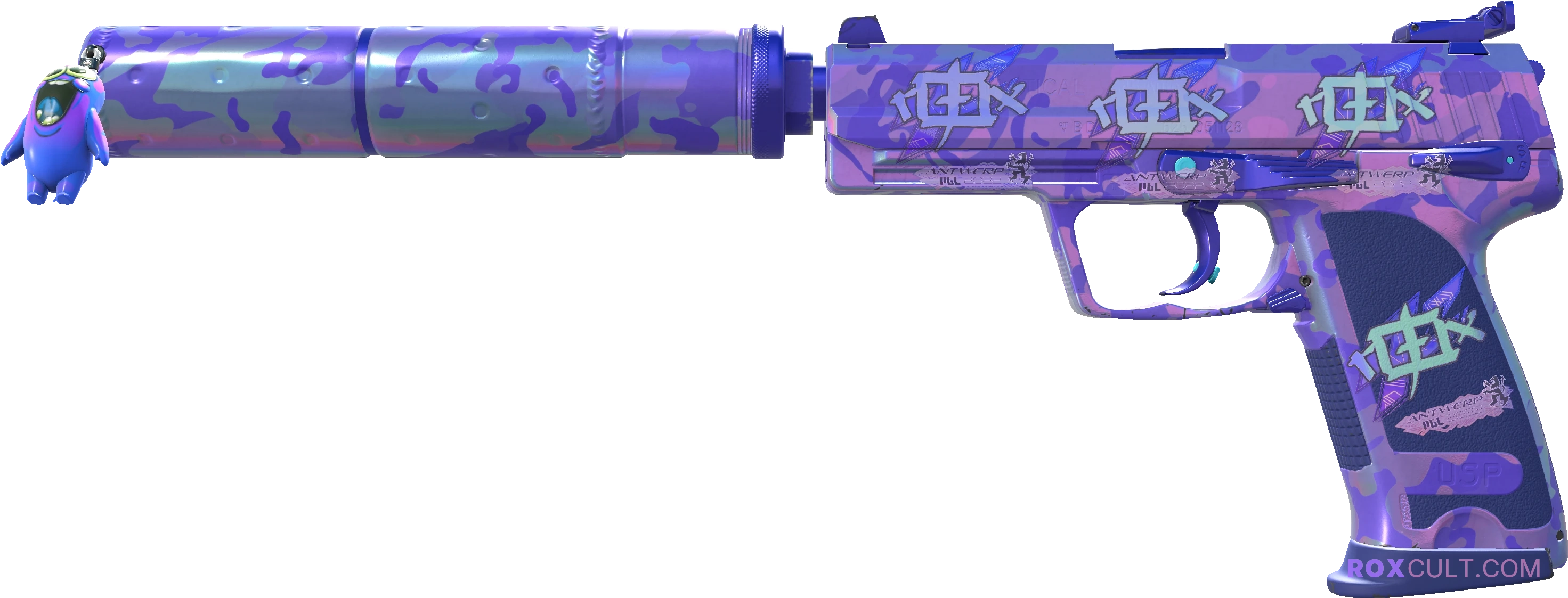 USP-S | Sleeping Potion (Factory New) — rox (Holo) Antwerp 2022 craft, playside view with 4 rox (Holo) stickers