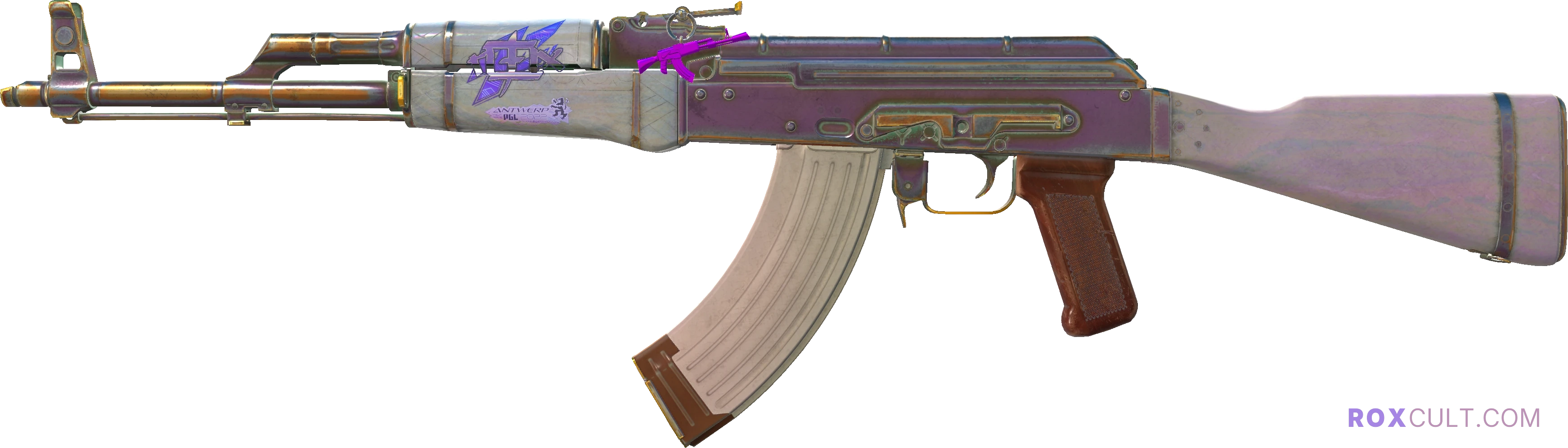 AK-47 | Aphrodite (Minimal Wear) — rox (Holo) Antwerp 2022 craft, playside view with 1 rox (Holo) sticker