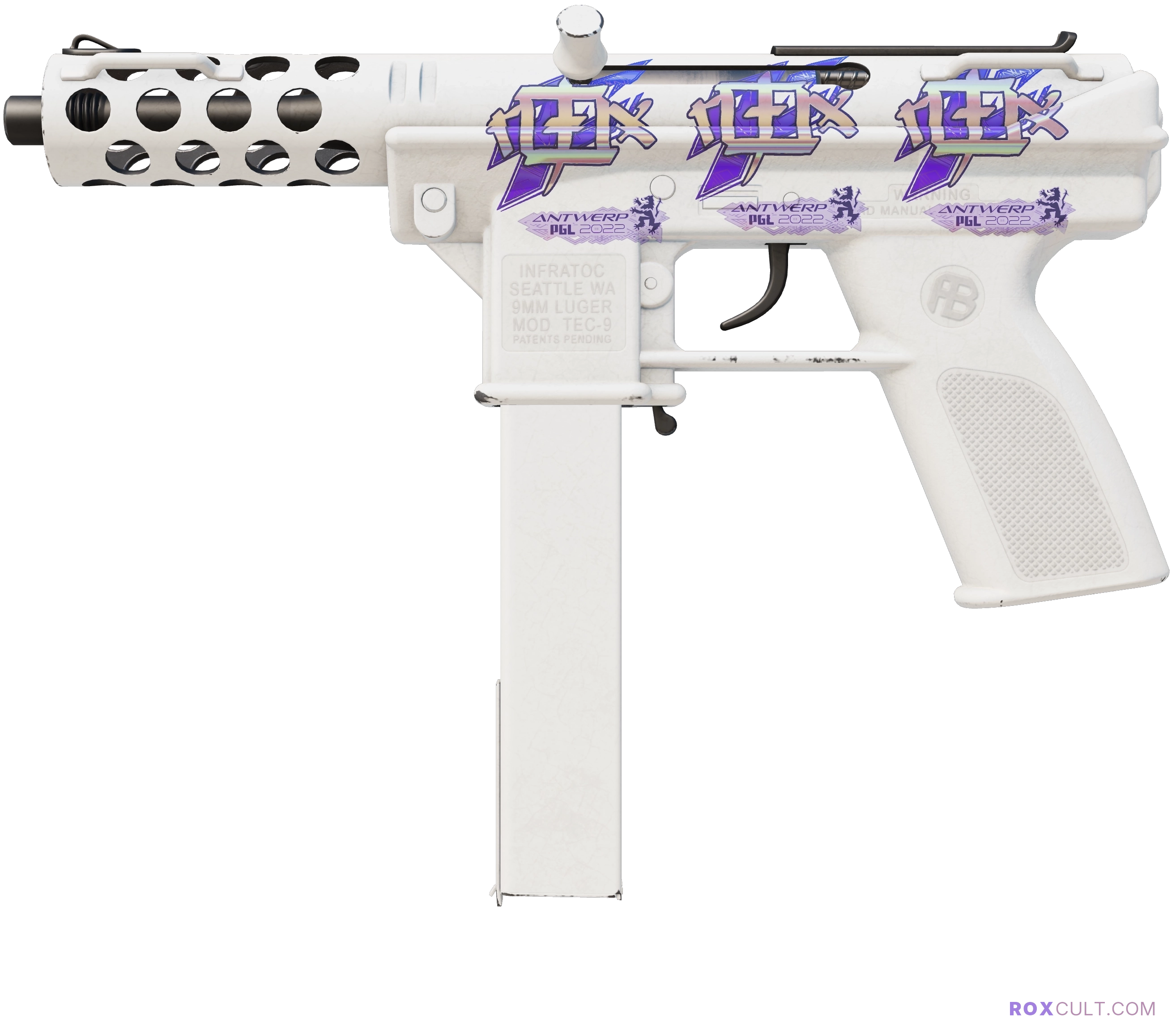 Tec-9 | Whiteout (Minimal Wear) — rox (Holo) Antwerp 2022 craft, playside view with 3 rox (Holo) stickers
