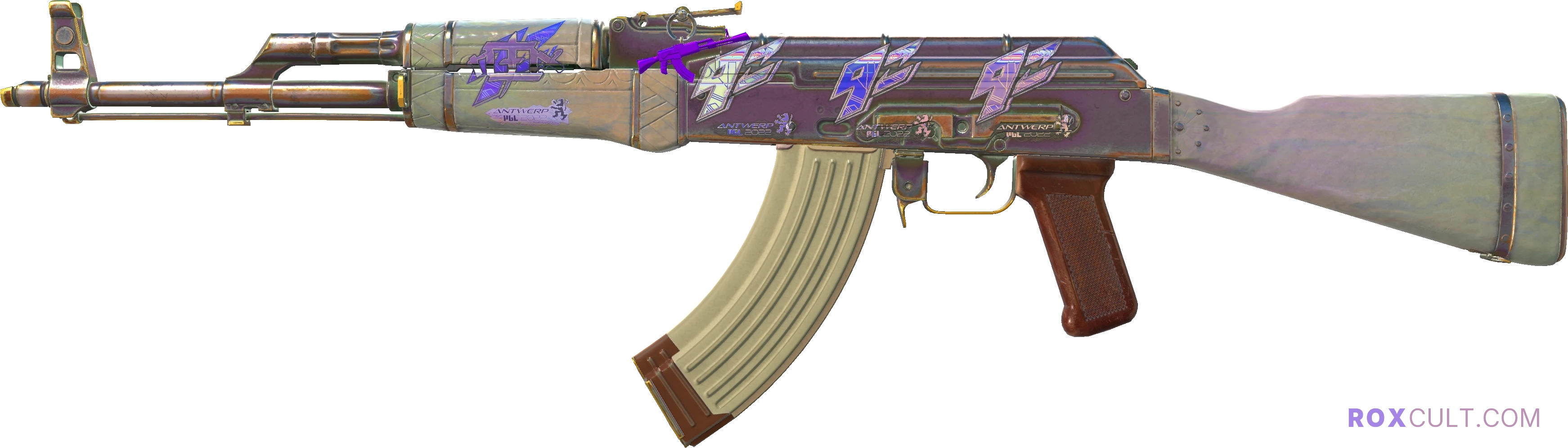 AK-47 | Aphrodite (Factory New) — rox (Holo) Antwerp 2022 craft, playside view with 1 rox (Holo) sticker