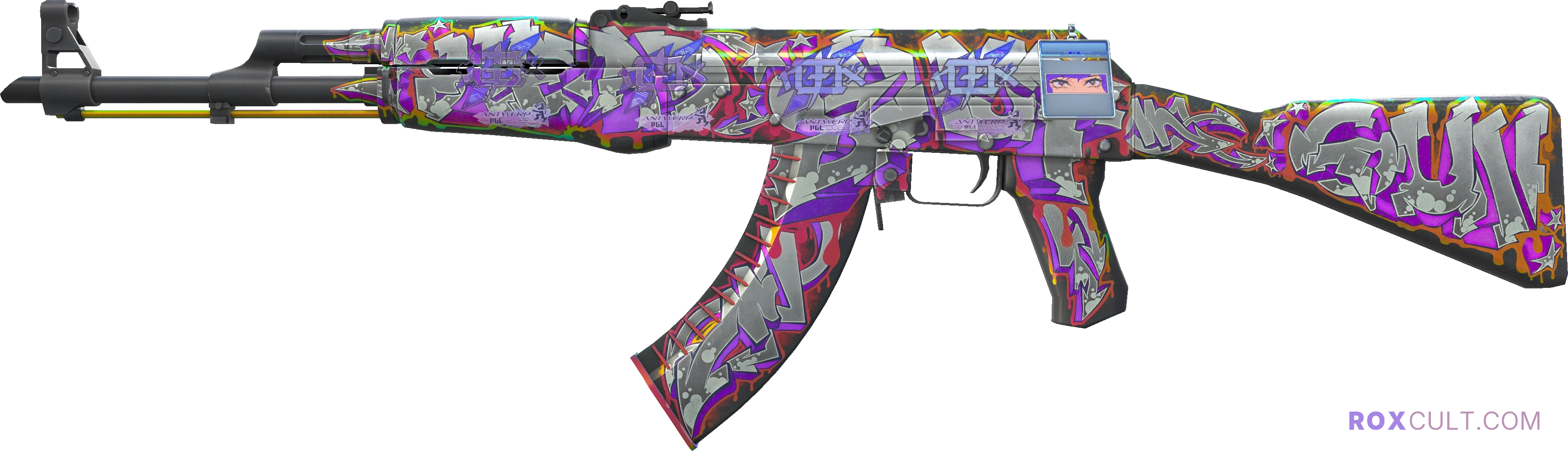 AK-47 | Head Shot (Factory New) — rox (Holo) Antwerp 2022 craft, playside view with 4 rox (Holo) stickers
