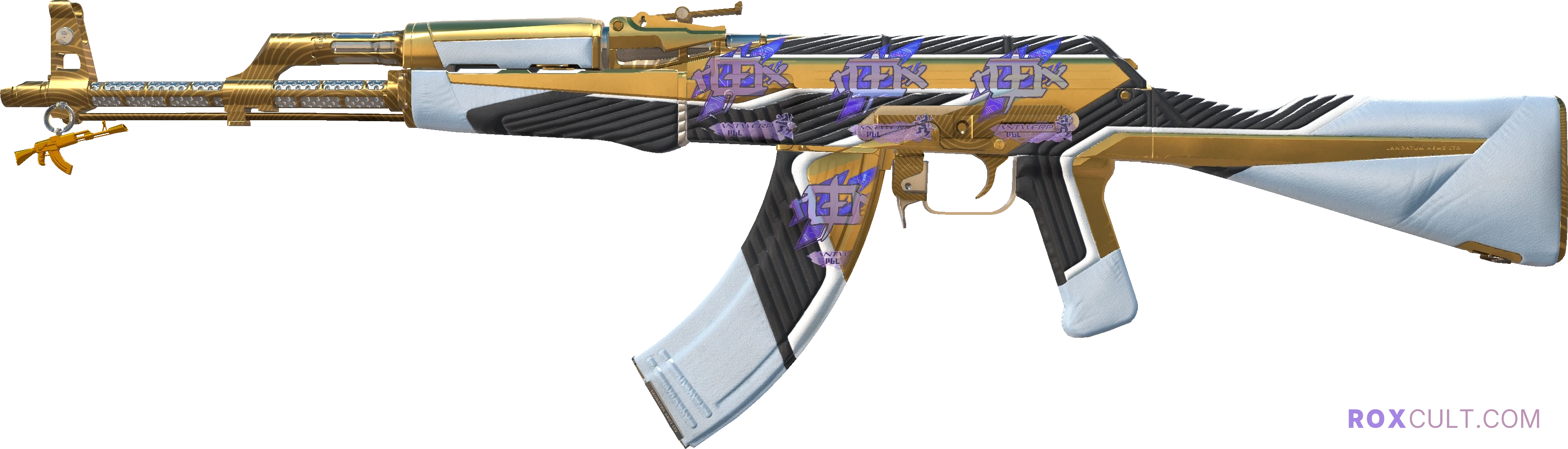 AK-47 | The Oligarch (Minimal Wear) — rox (Holo) Antwerp 2022 craft, playside view with 4 rox (Holo) stickers