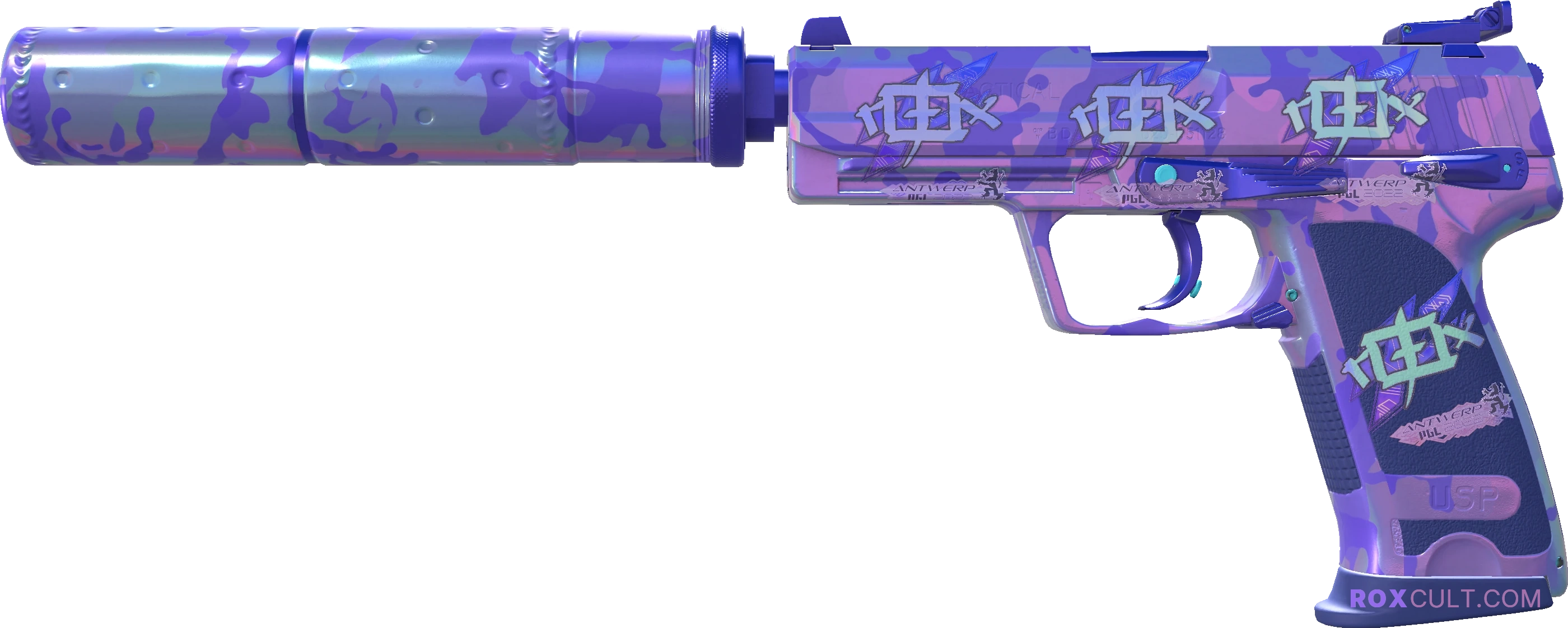 USP-S | Sleeping Potion (Factory New) — rox (Holo) Antwerp 2022 craft, playside view with 4 rox (Holo) stickers
